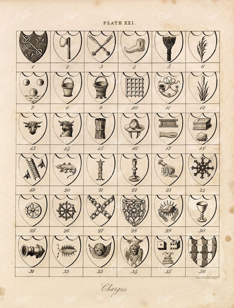 ANTIQUE 1829 HERALDRY Print - Charges - William Berry