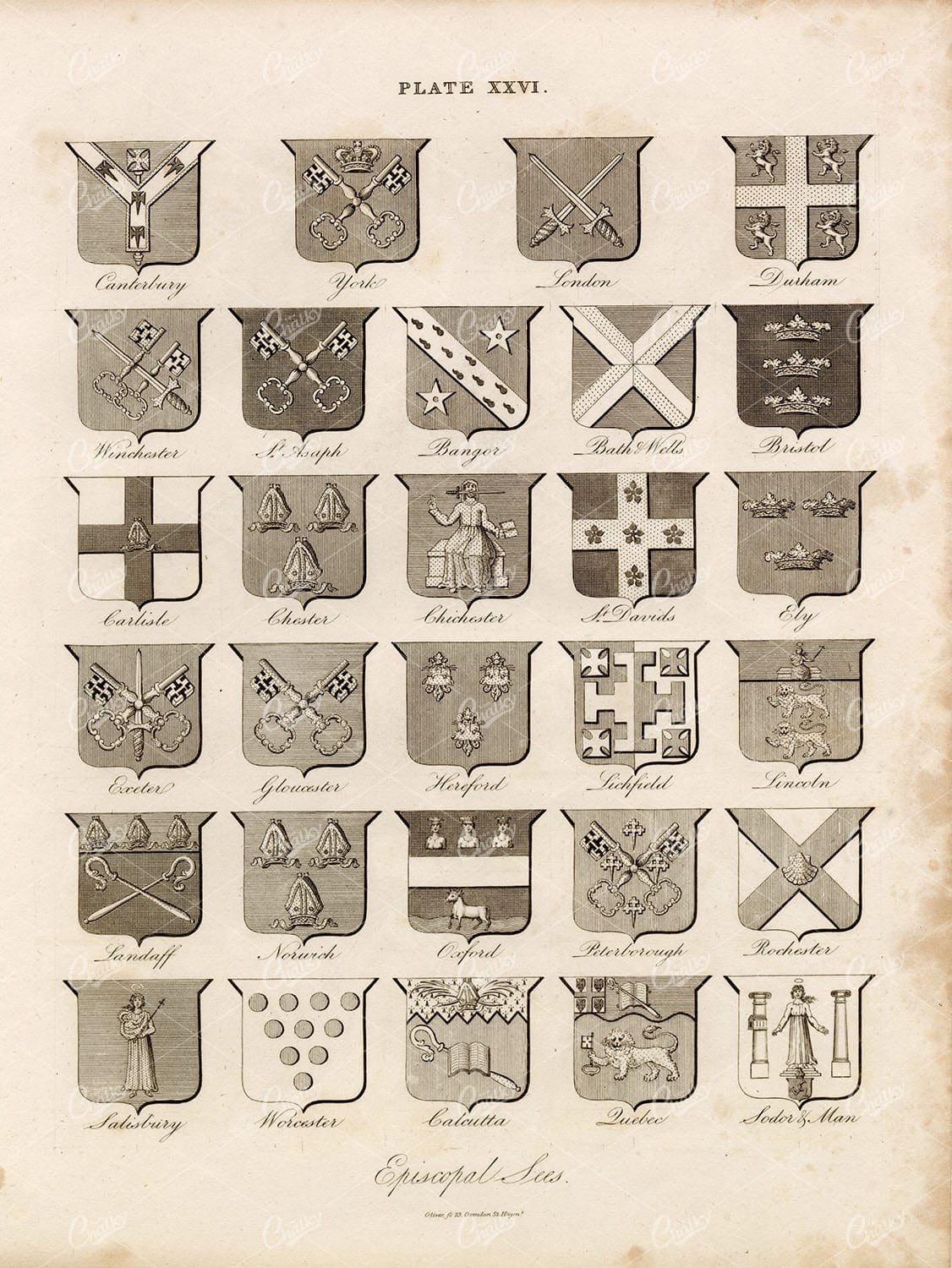 ANTIQUE 1829 HERALDRY Print - Episcopal Sees - William Berry