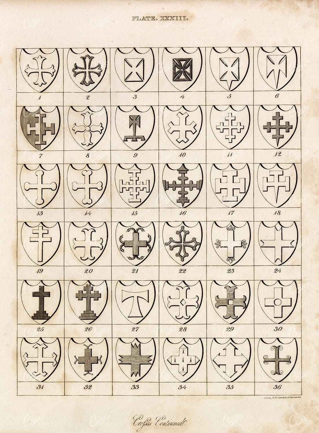 ANTIQUE 1829 HERALDRY Print - Crosses - William Berry