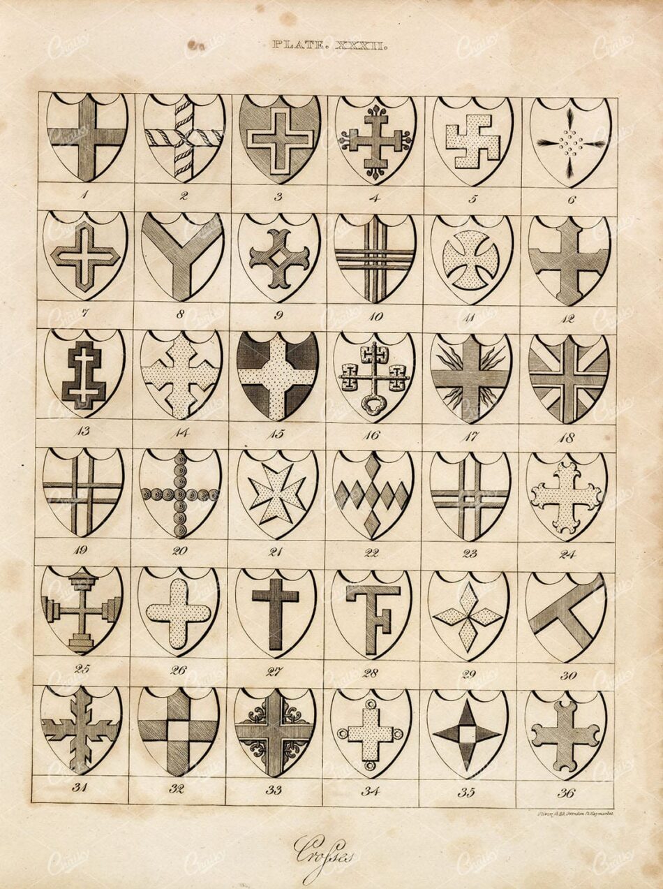 ANTIQUE 1829 HERALDRY Print - Crosses - William Berry