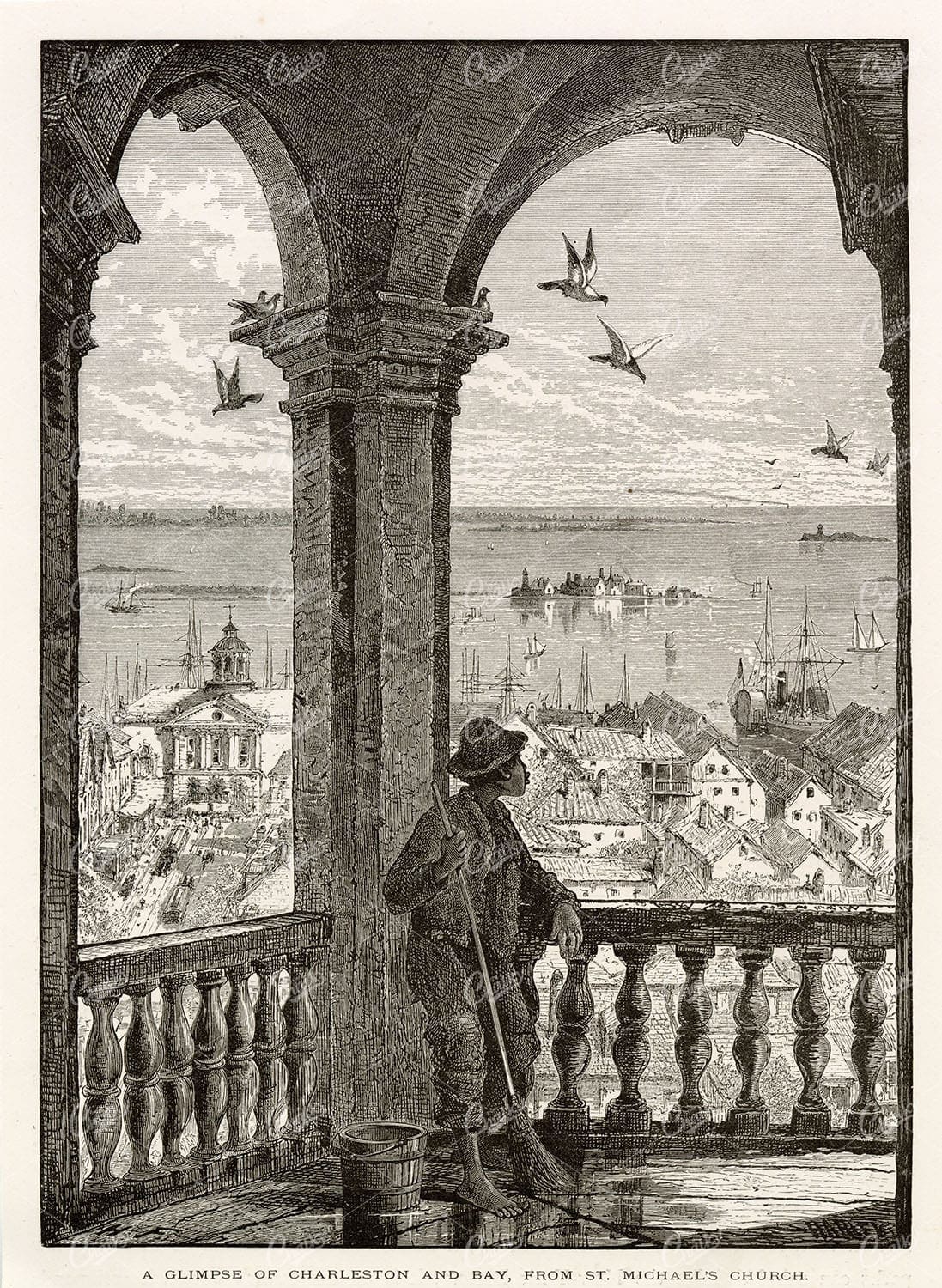 CHARLESTON and BAY View from St. Michael's Church - Antique 1874 Print