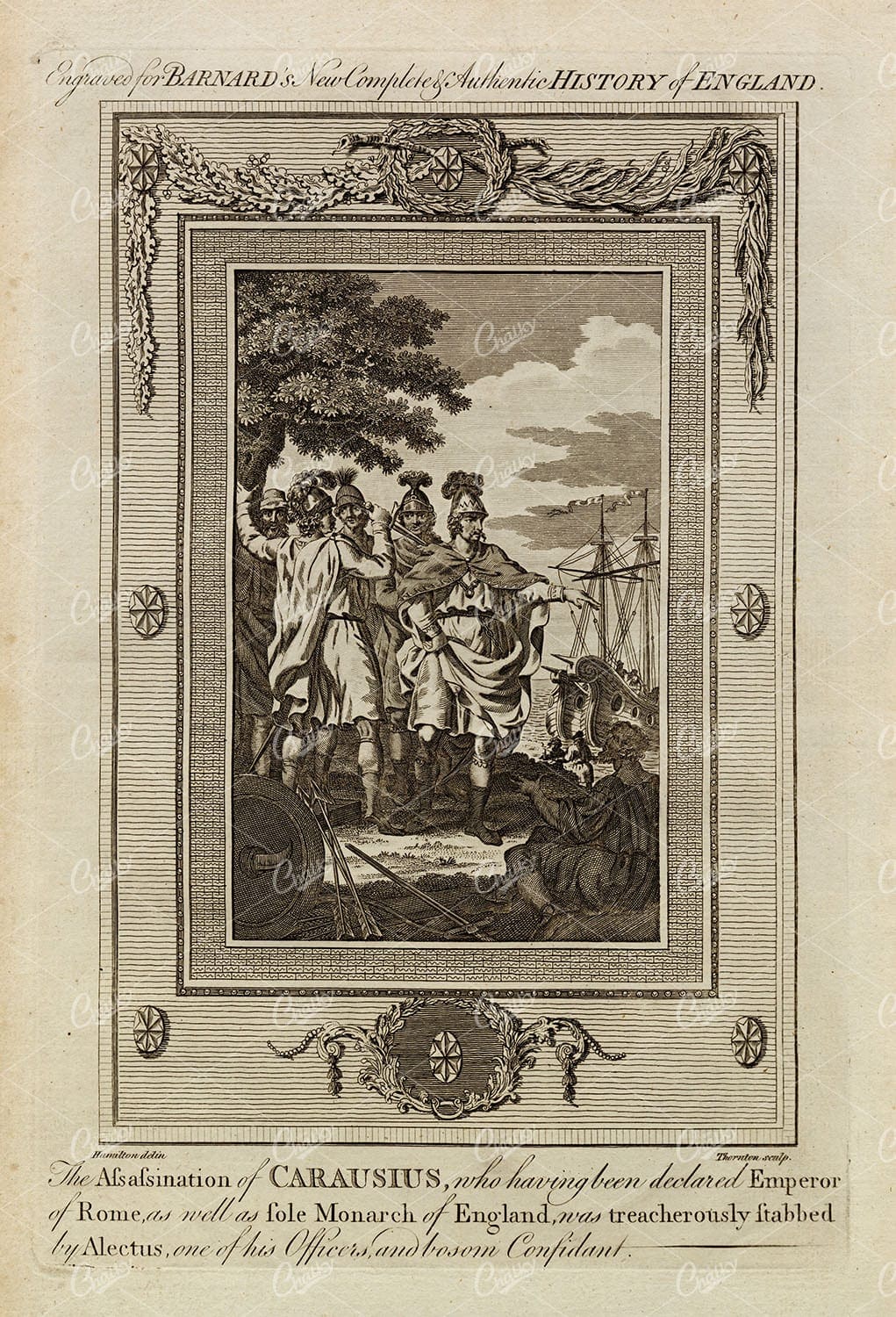 ANTIQUE Historical Print - Assassination of Carausius Emperor of Rome 1783