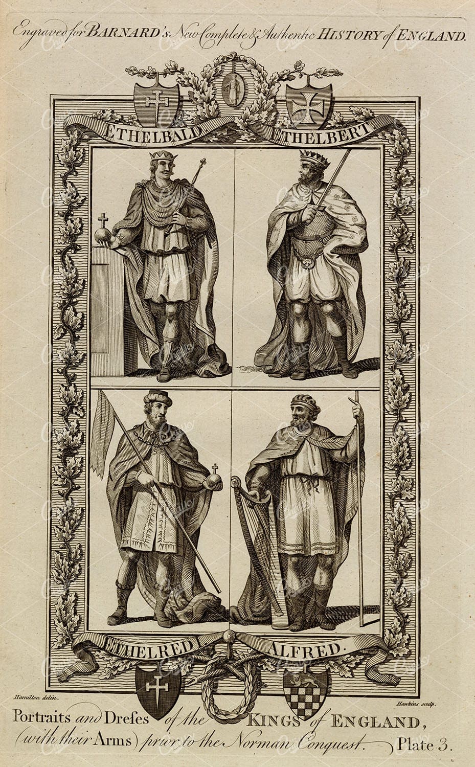 ANTIQUE PORTRAITS of the Kings of England - Original 1783 Rare Print