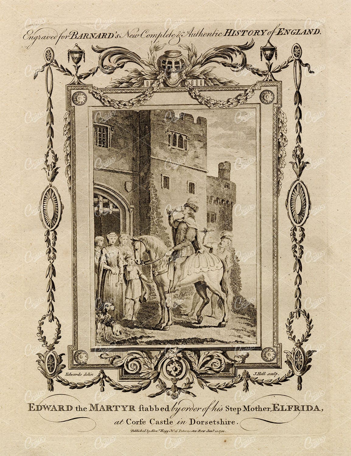 E. BARNARD's History of England - Edward the Martyr Stabbed 1783 Print