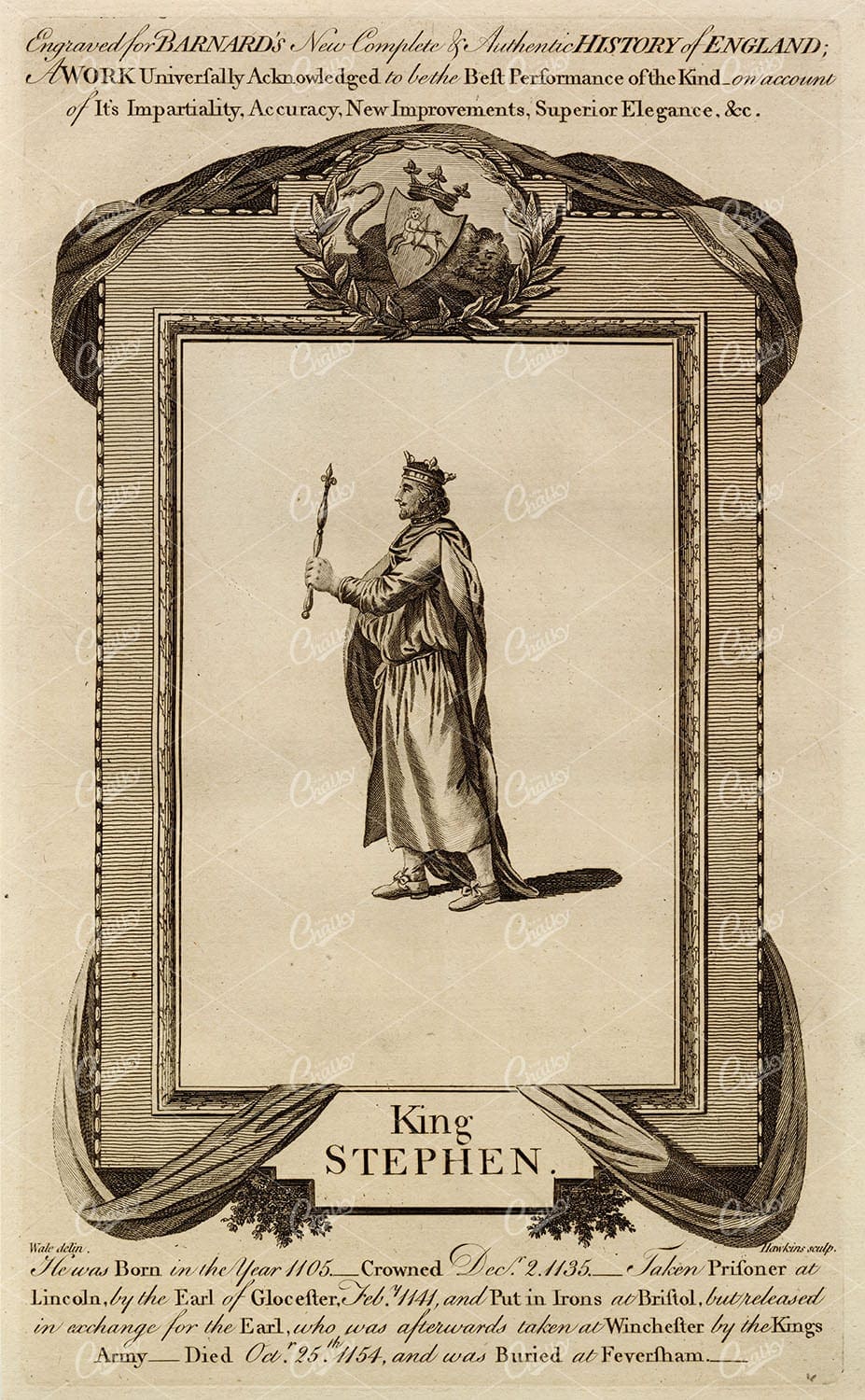 KING STEPHEN - Kings of England Portrait - Historical Engraving 1783