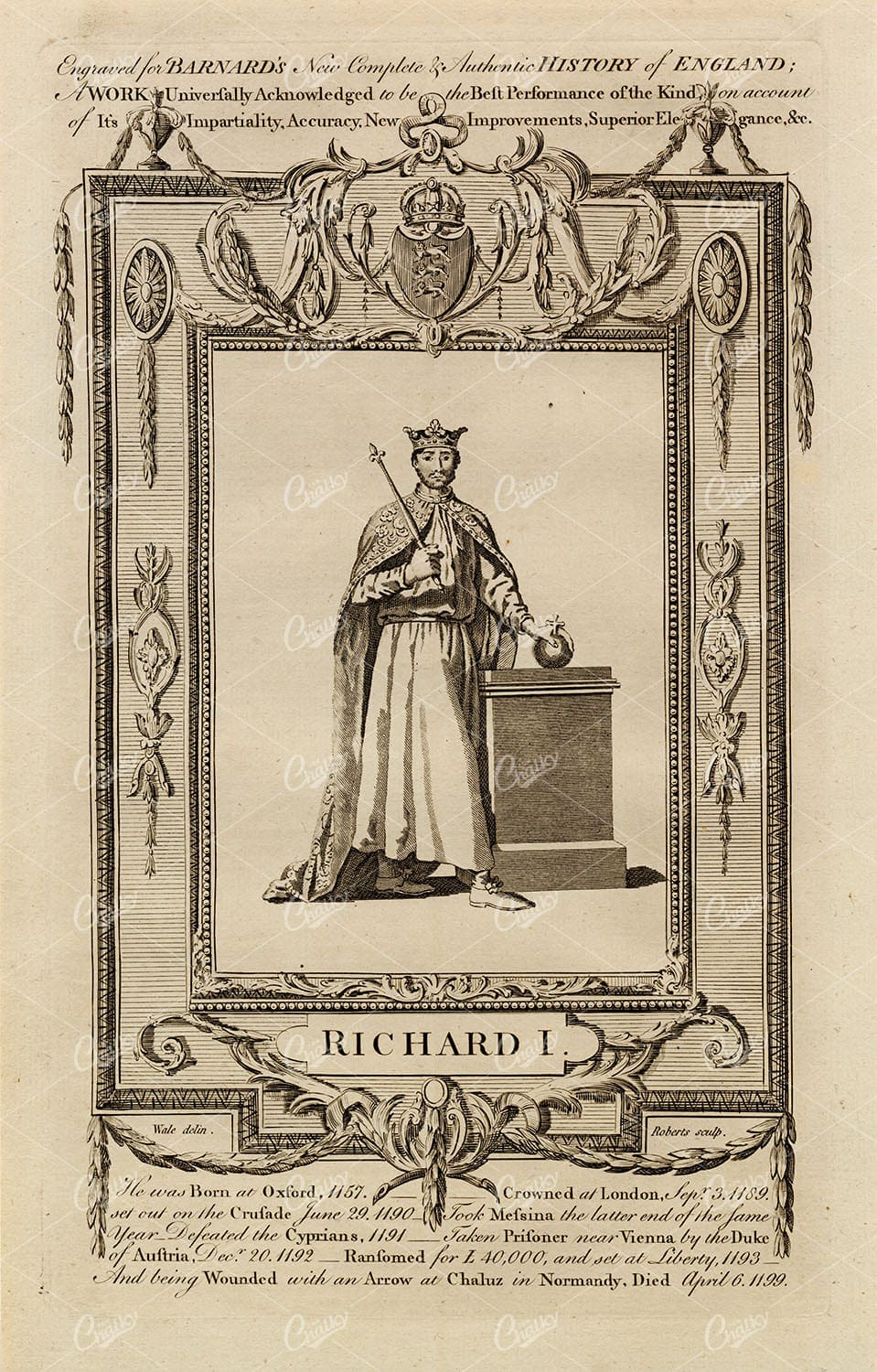 RICHARD I - King of England Portrait - History of England Print 1783