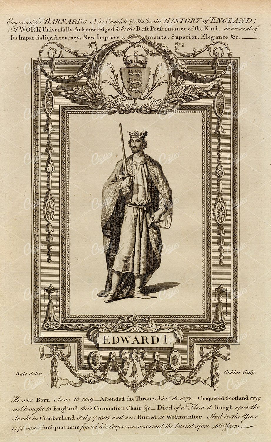 ANTIQUE 1783 Print of King Edward I - History of England Rare Engraving