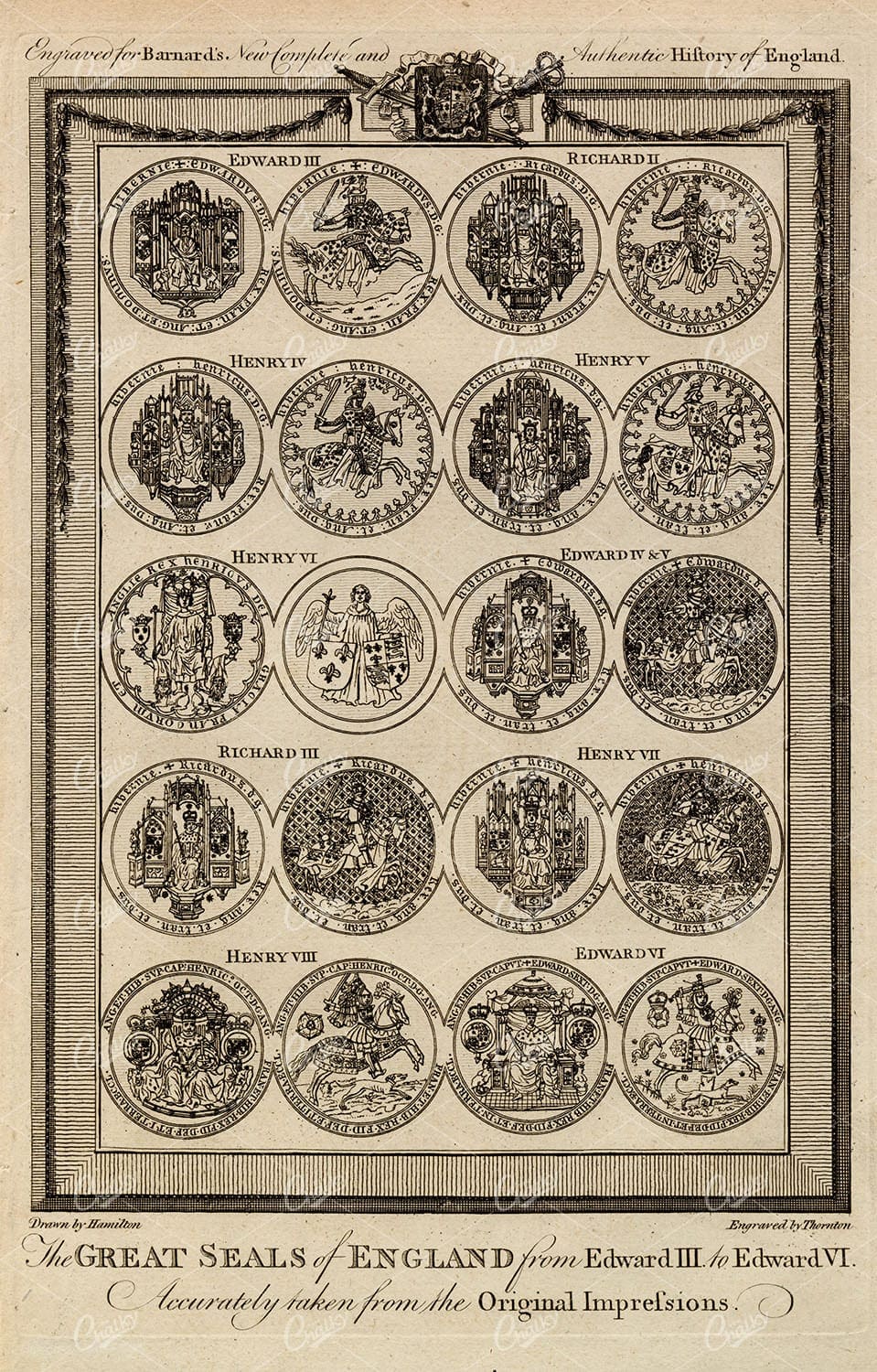 THE GREAT SEALS of England from Edward III to Edward VI - 1783 Engraving