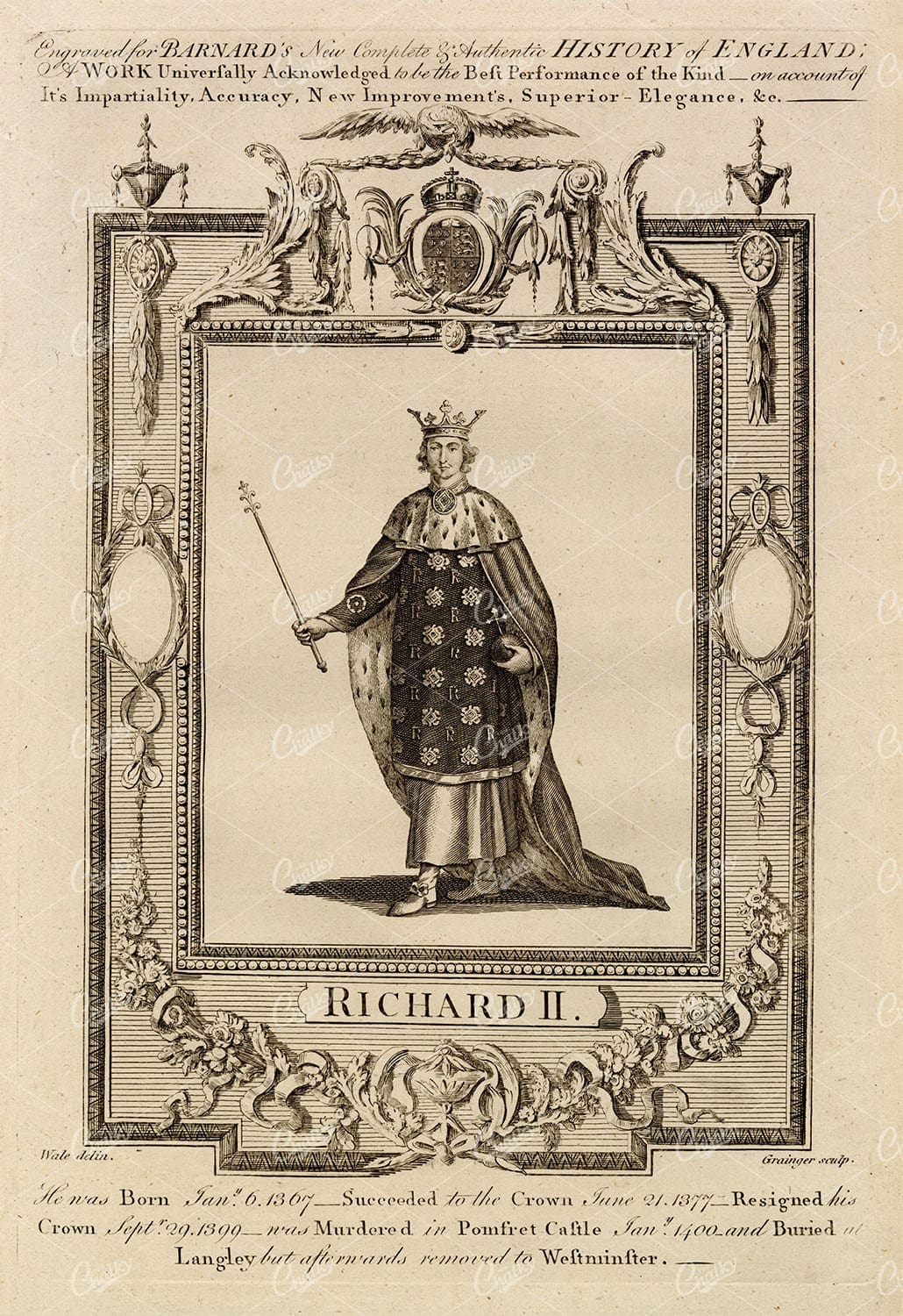 RICHARD II - The King of England Portrait - Antique Historial Print 1783