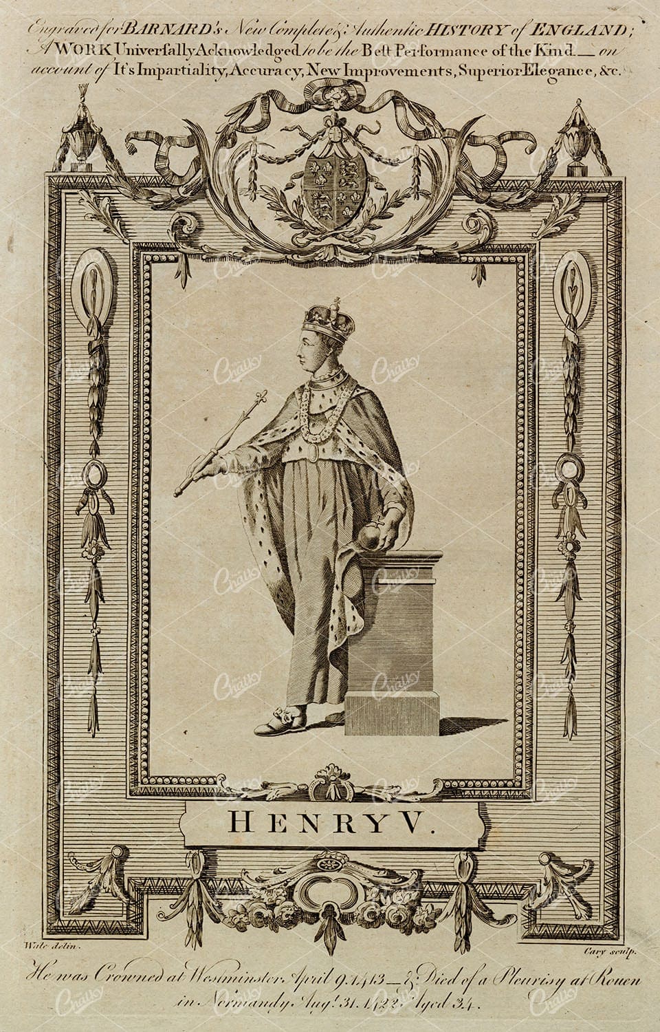 HENRY V - The King of England Portrait - Historical Antique Print 1783