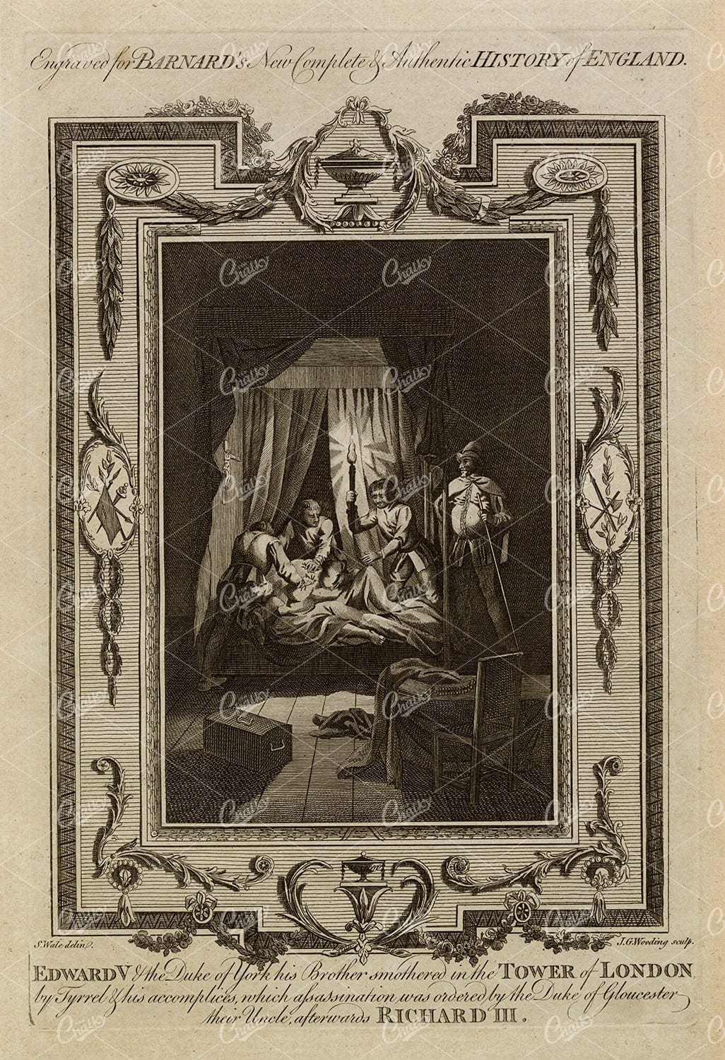 EDWARD V & Duke of York Smothered - Tower of London 1783 Antique Print