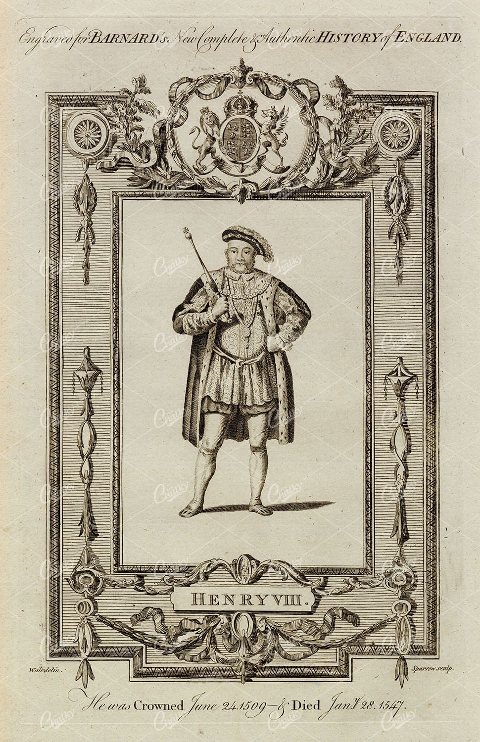 HENRY VIII - The King of England Portrait - Antique History Print 1783