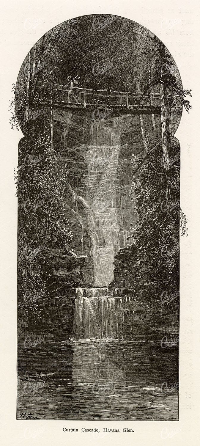NEW YORK - Curtain Cascade, Havana Glen - Watkins Glen - 1874 Engraving