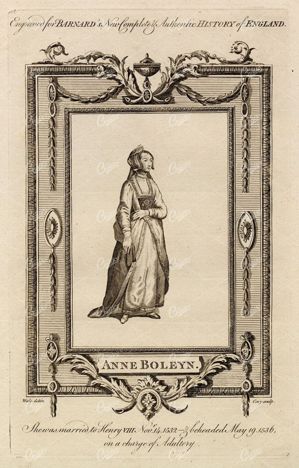 ANNE BOLEYN - Beheaded Wife of Henry VIII - Antique History Print 1783