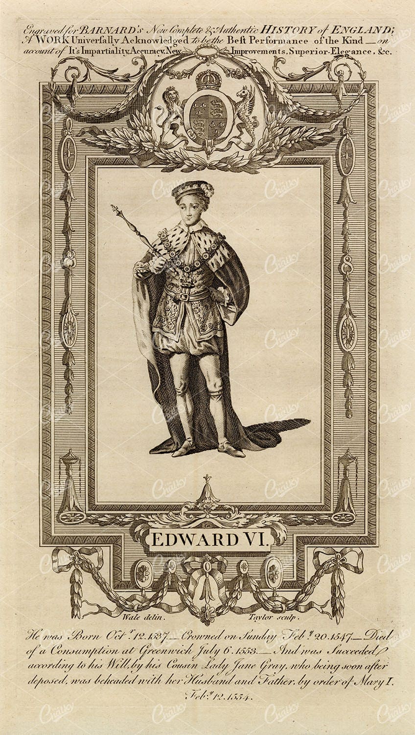 EDWARD VI - The King of England Portrait - Vintage History Print 1783