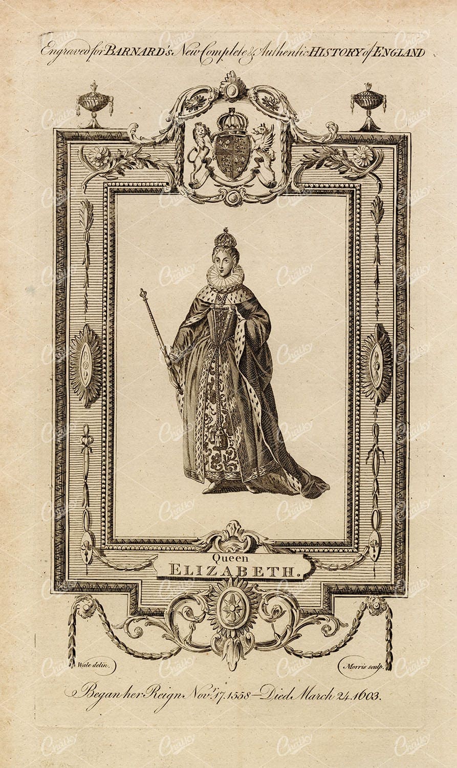 QUEEN ELIZABETH - Queen of England Portrait - Antique History Print 1783