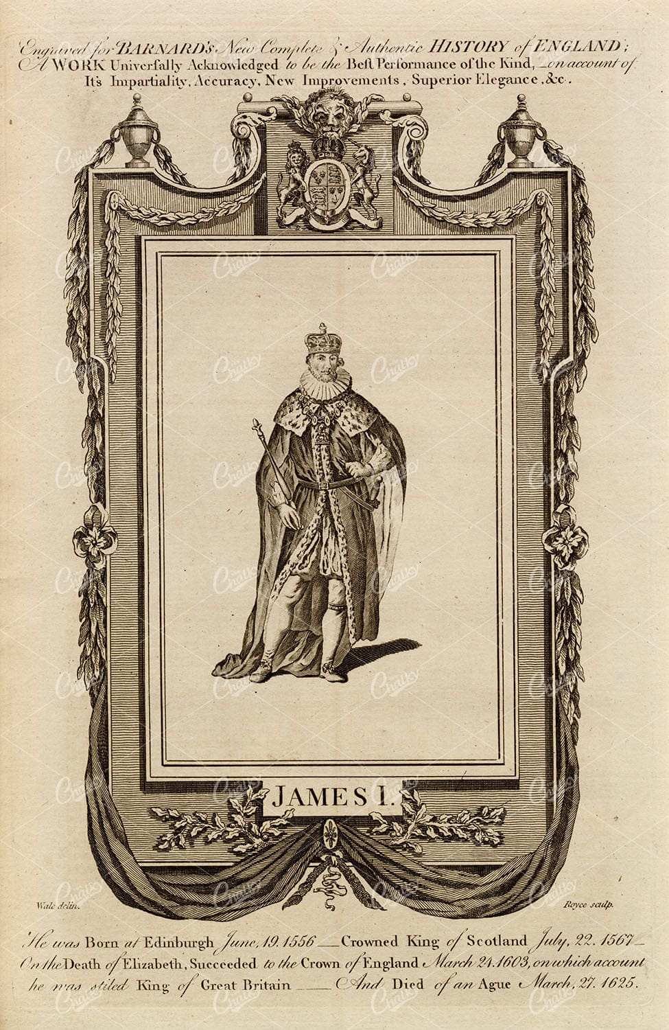 JAMES I - The King of England Portrait - Antique History Print 1783