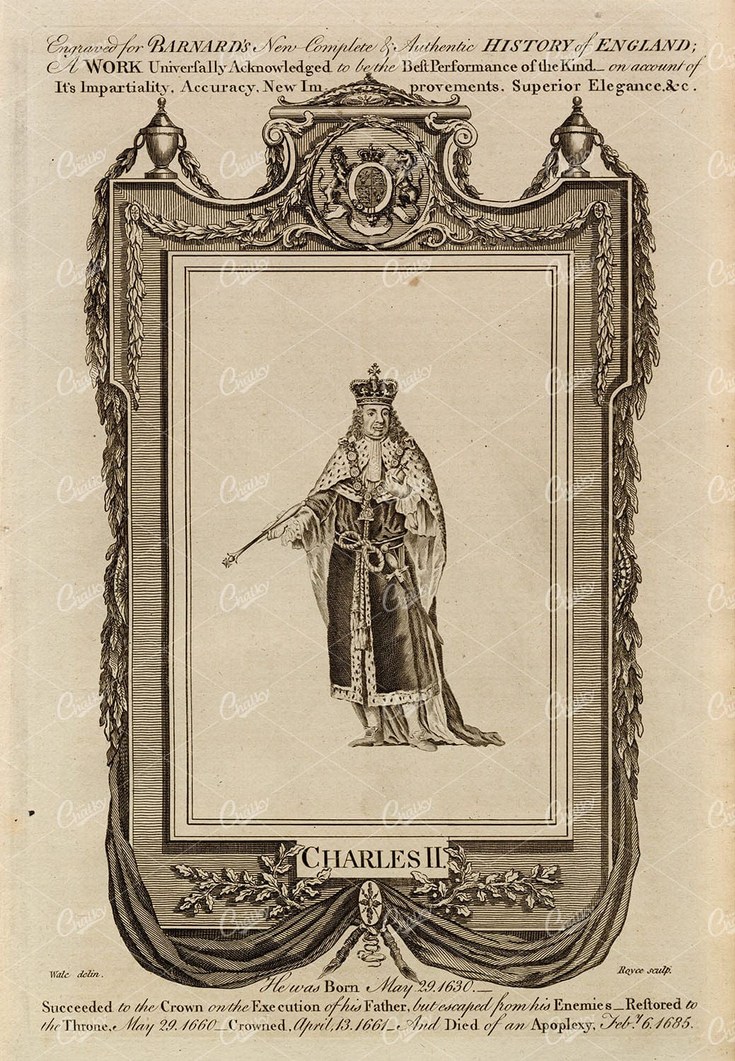 CHARLES II - The King of England Portrait - Antique Print 1783