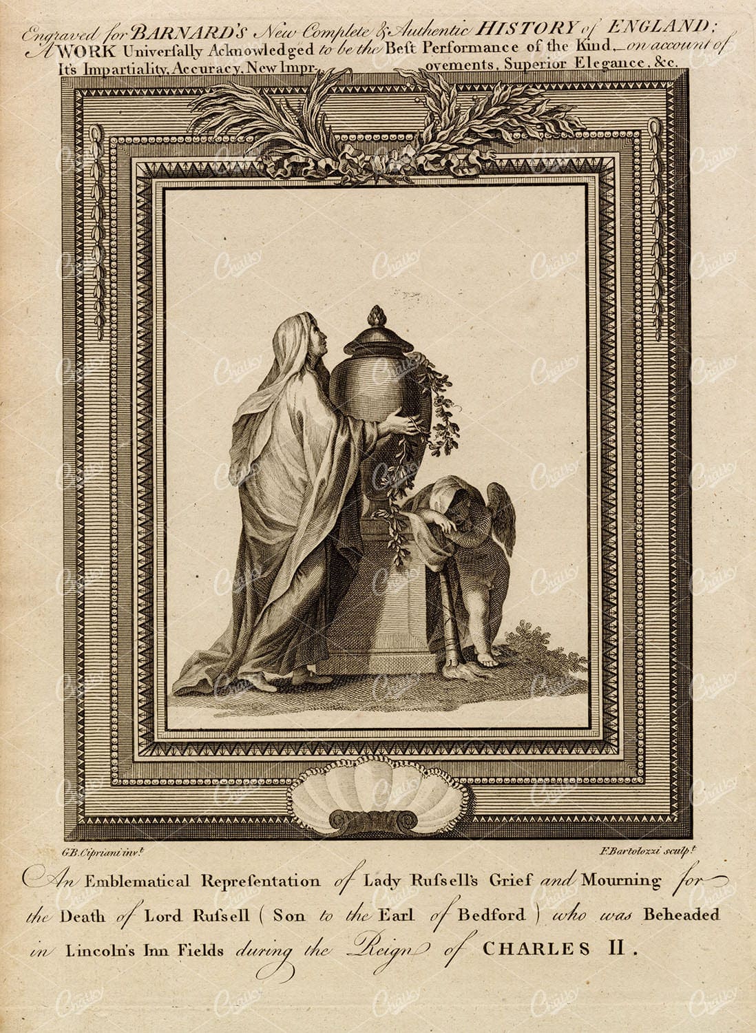 LADY RUSSELL'S Grief and Mourning - Antique History of England Print 1783
