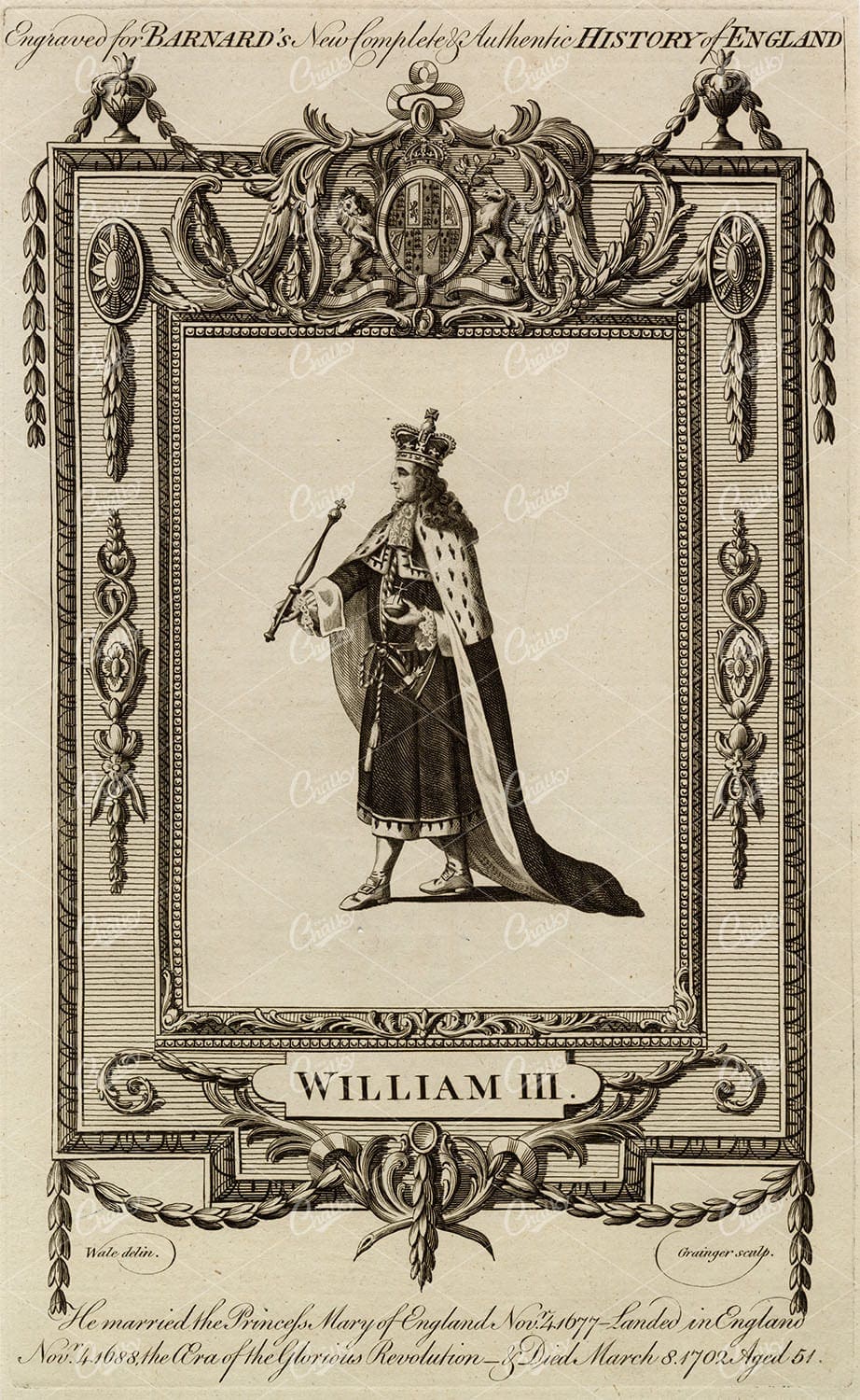 WILLIAM III - The King of England Portrait - Antique 1783 Original Print