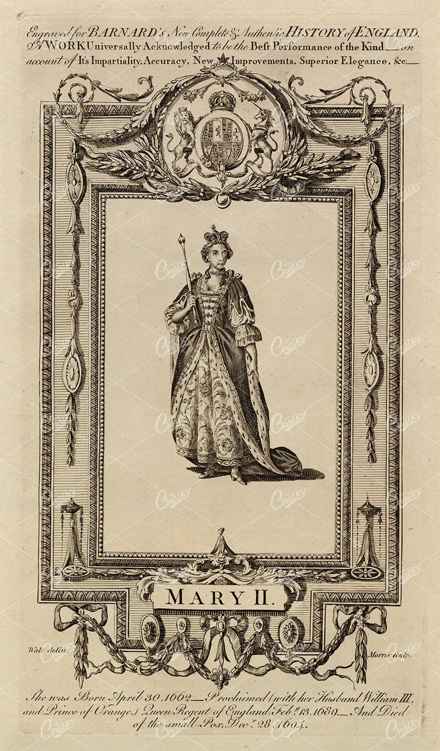 MARY II - The Queen of England Portrait - Antique 1783 Original Engraving