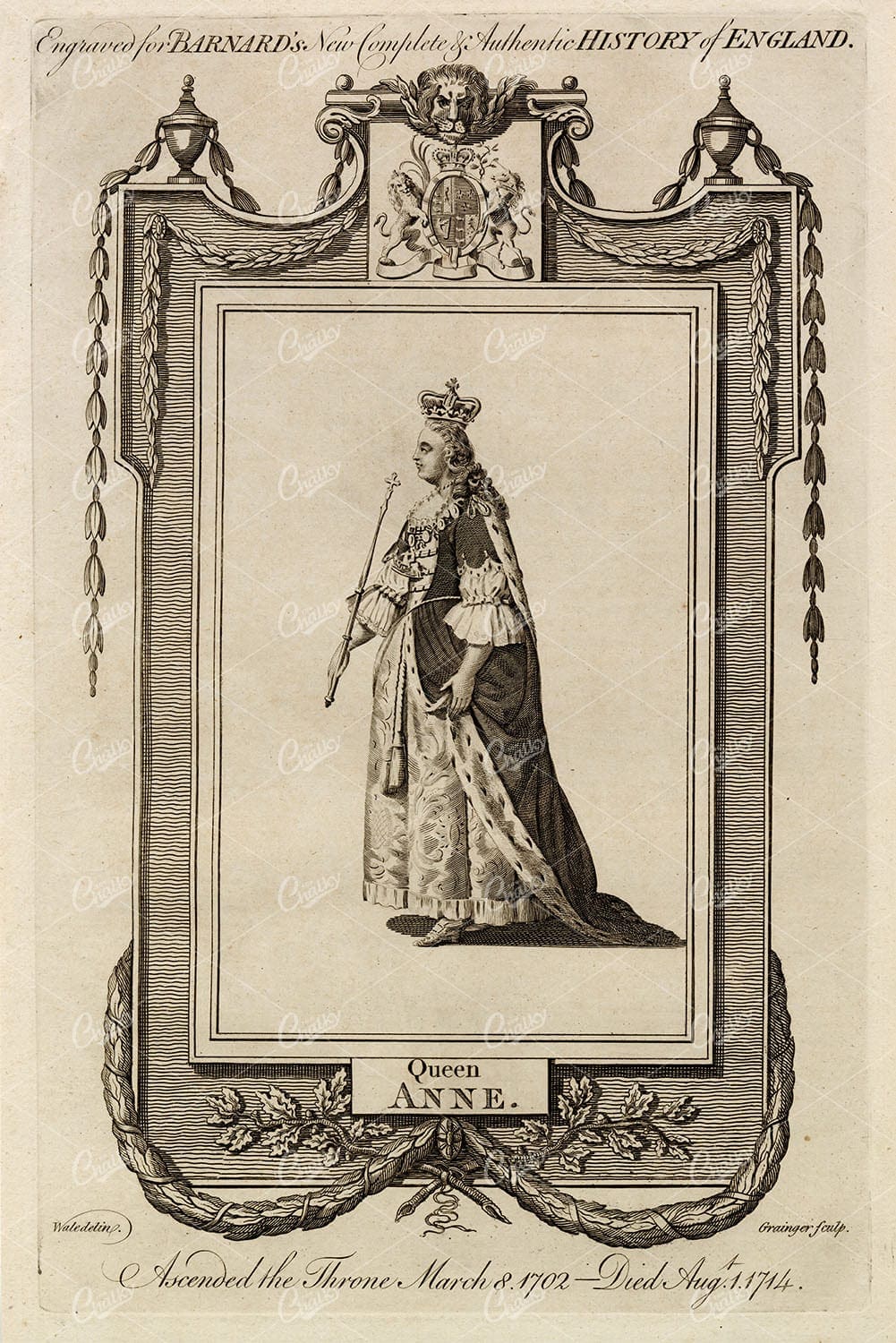 QUEEN ANNE - The Queen of England - Antique Historical Print 1783