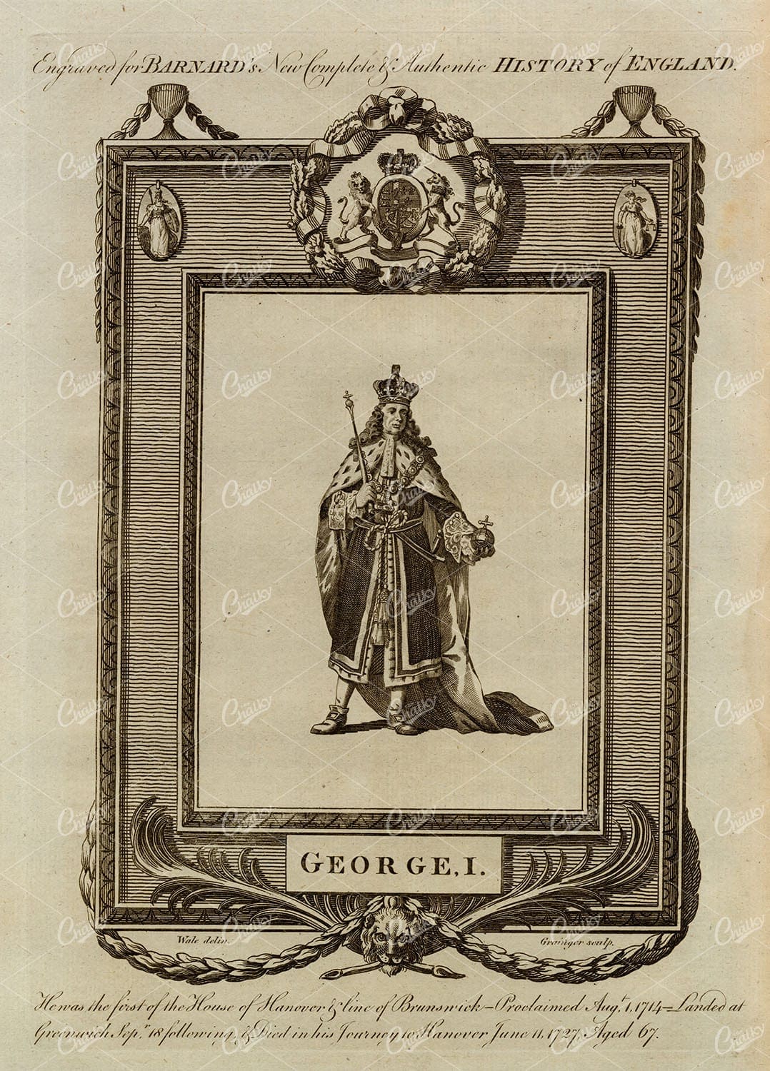 GEORGE I - The King of England Portrait - Antique Historical Print 1783