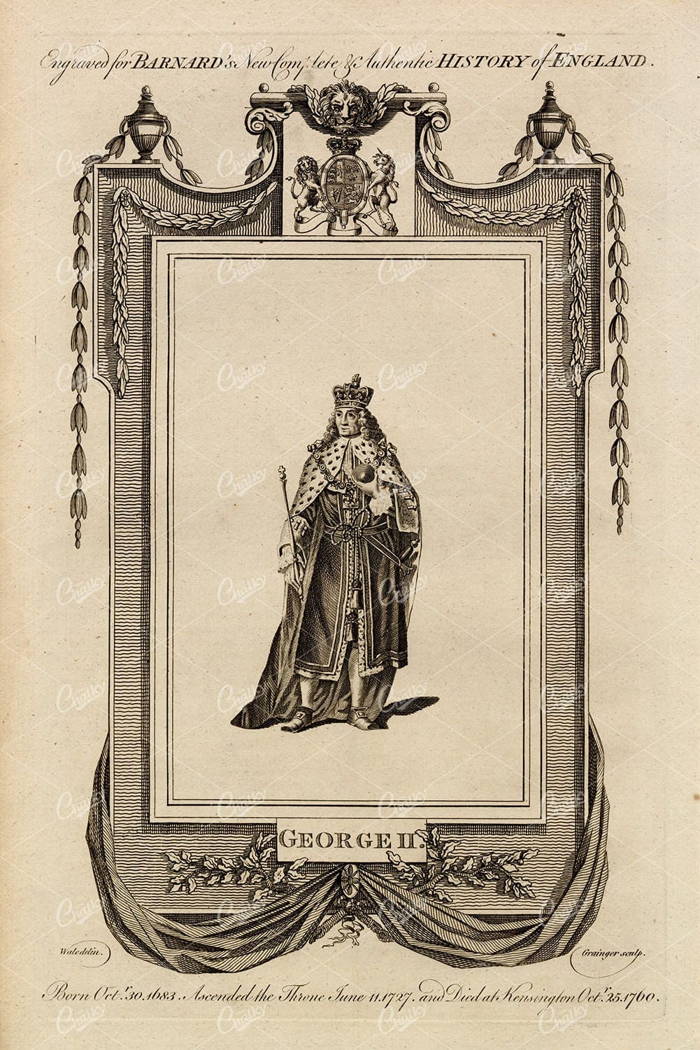 GEORGE II - The King of England Portrait - Antique Historical Print 1783