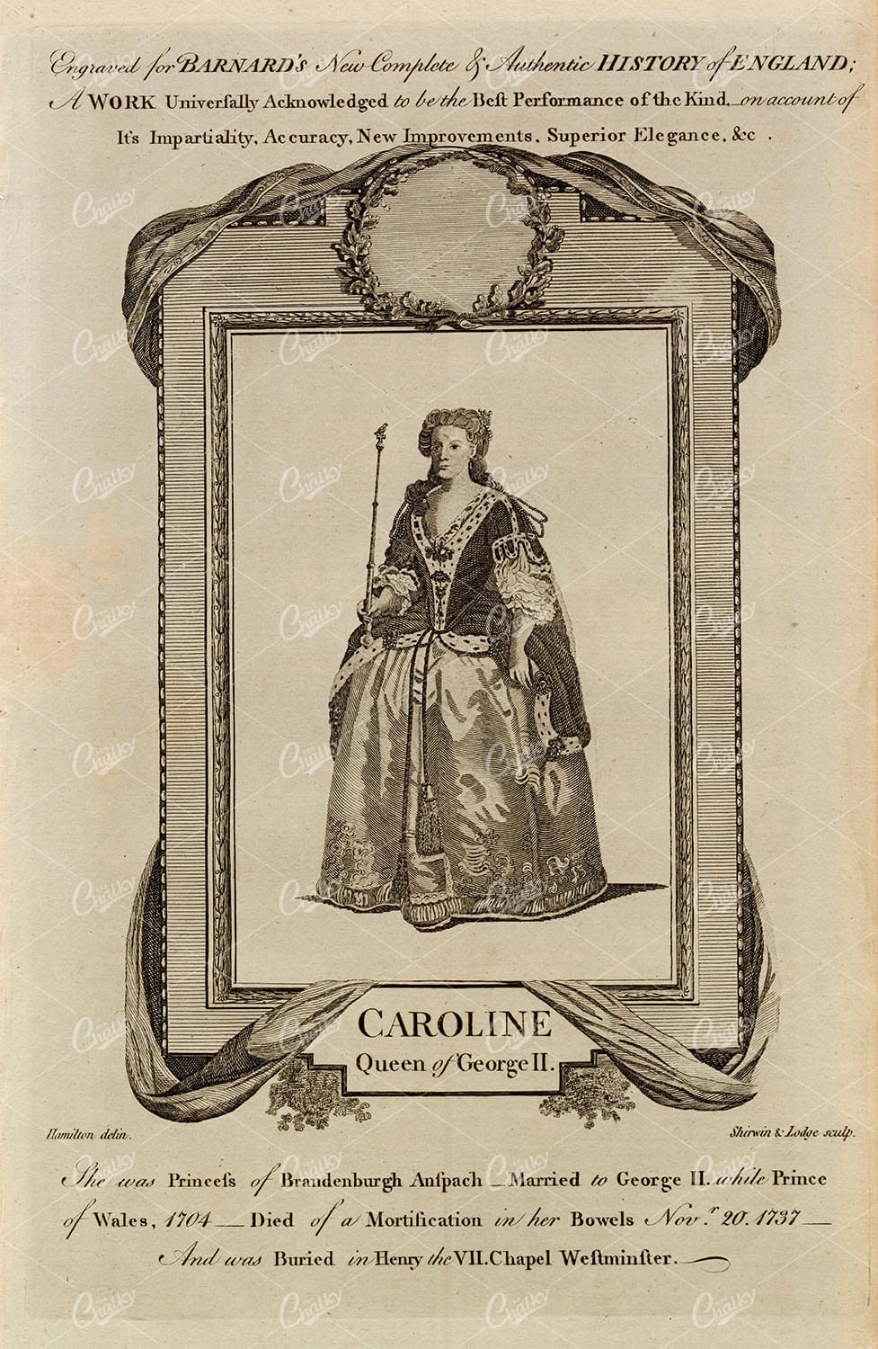 CAROLINE, Queen of George II - Antique History Engraved Print 1783