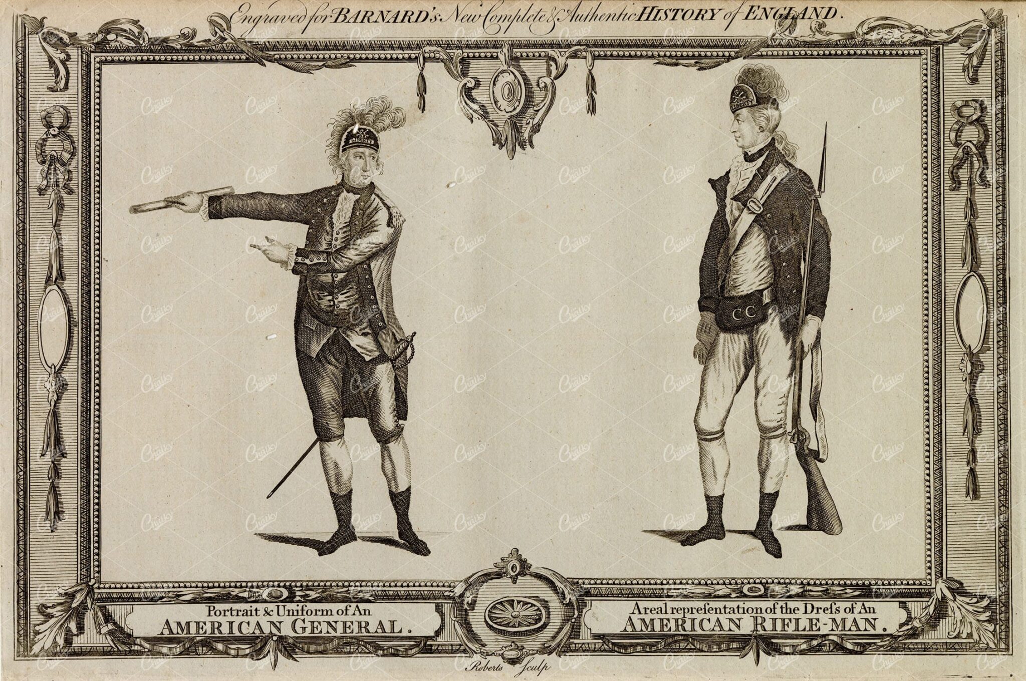 ANTIQUE AMERICAN General and Rifle-Man Portraits - Military 1783 Print