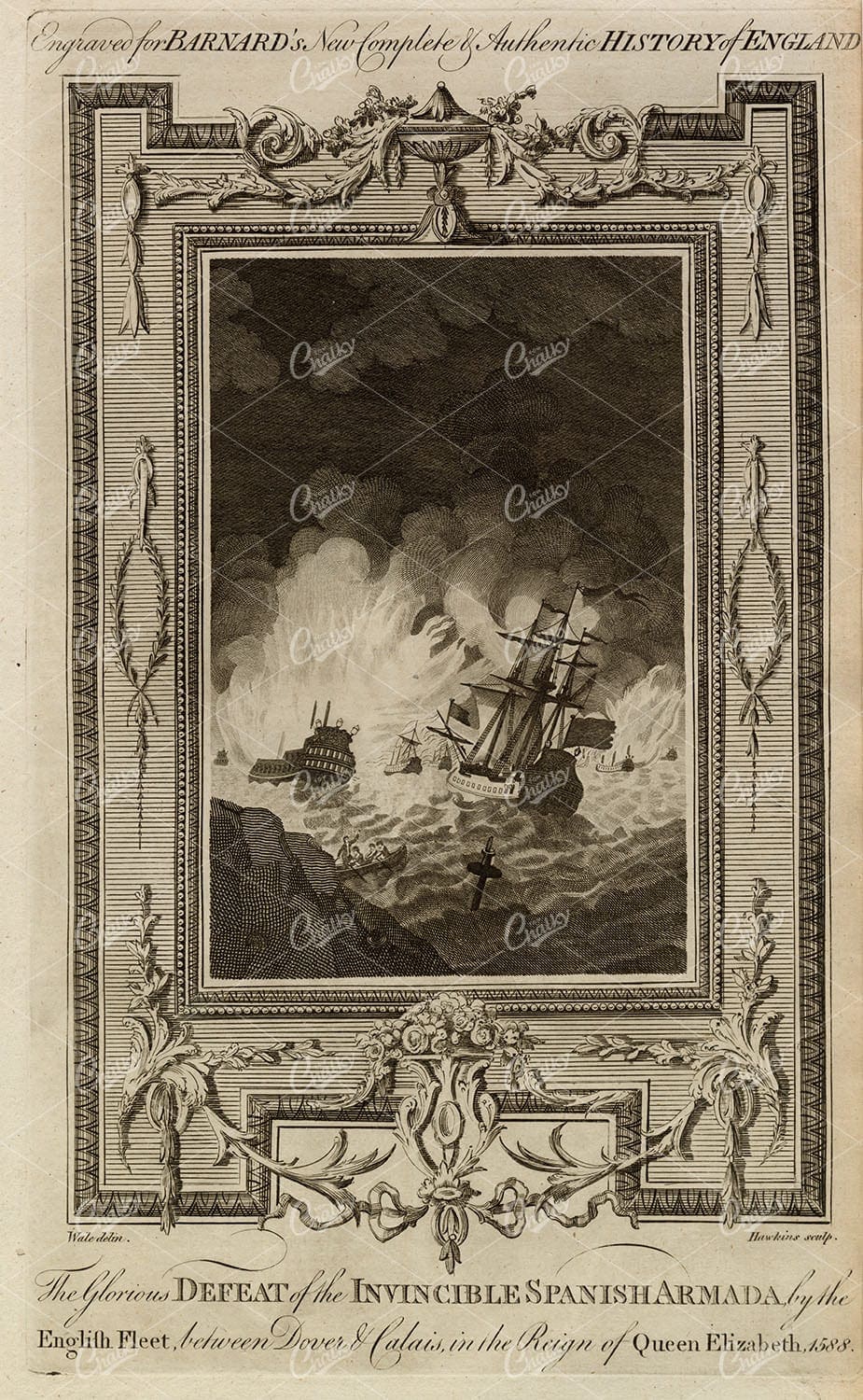 ENGLISH FLEET Defeating Spanish Armada - Dover & Calais - Antique Print