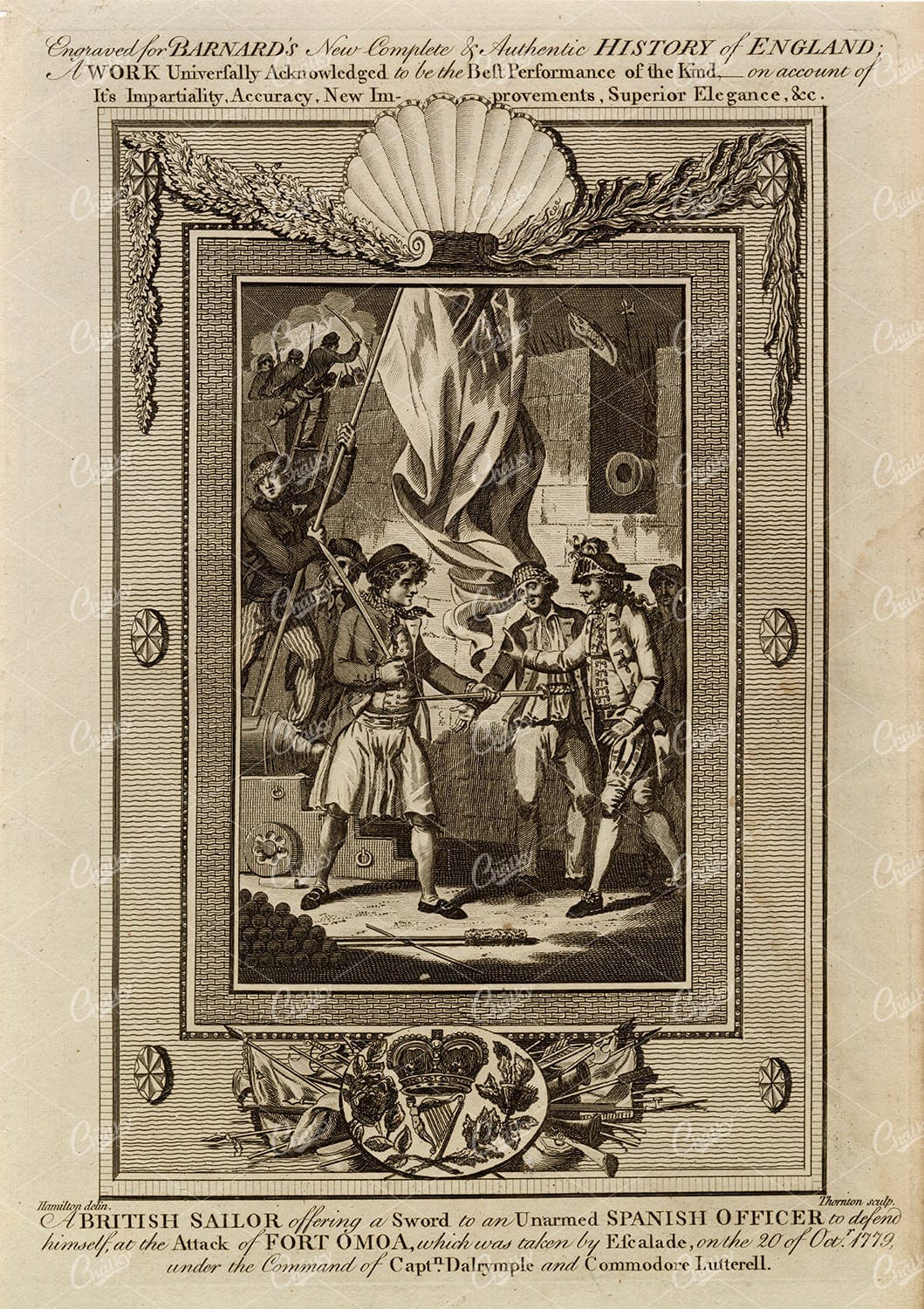 BRITISH SAILOR Offering Sword to Unarmed Spanish Officer - 1783 Print