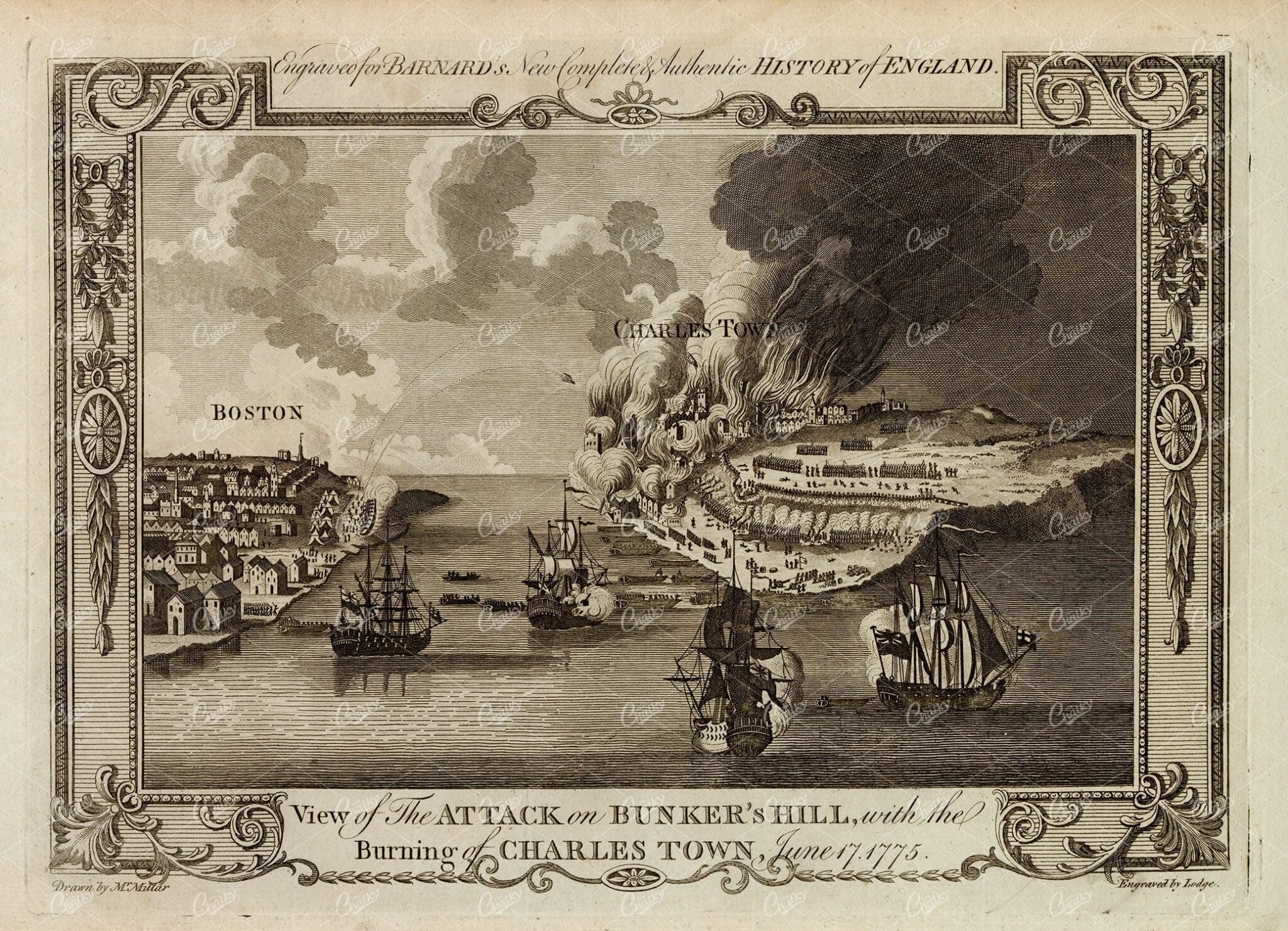 ATTACK on Bunker's Hill - Charles Town Burning - Antique Military Print