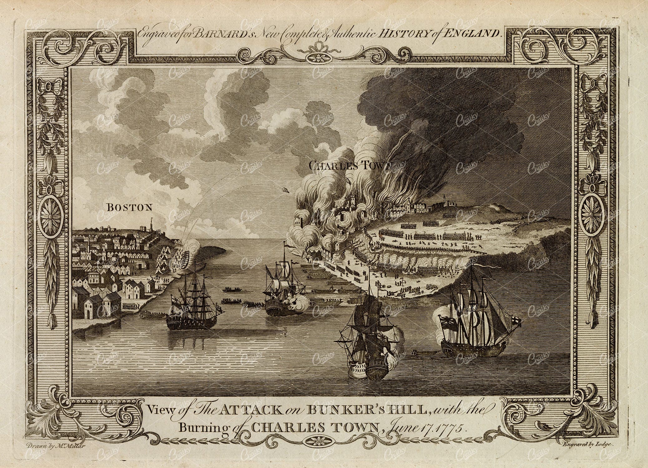 ATTACK on Bunker's Hill - Charles Town Burning - Antique Military Print