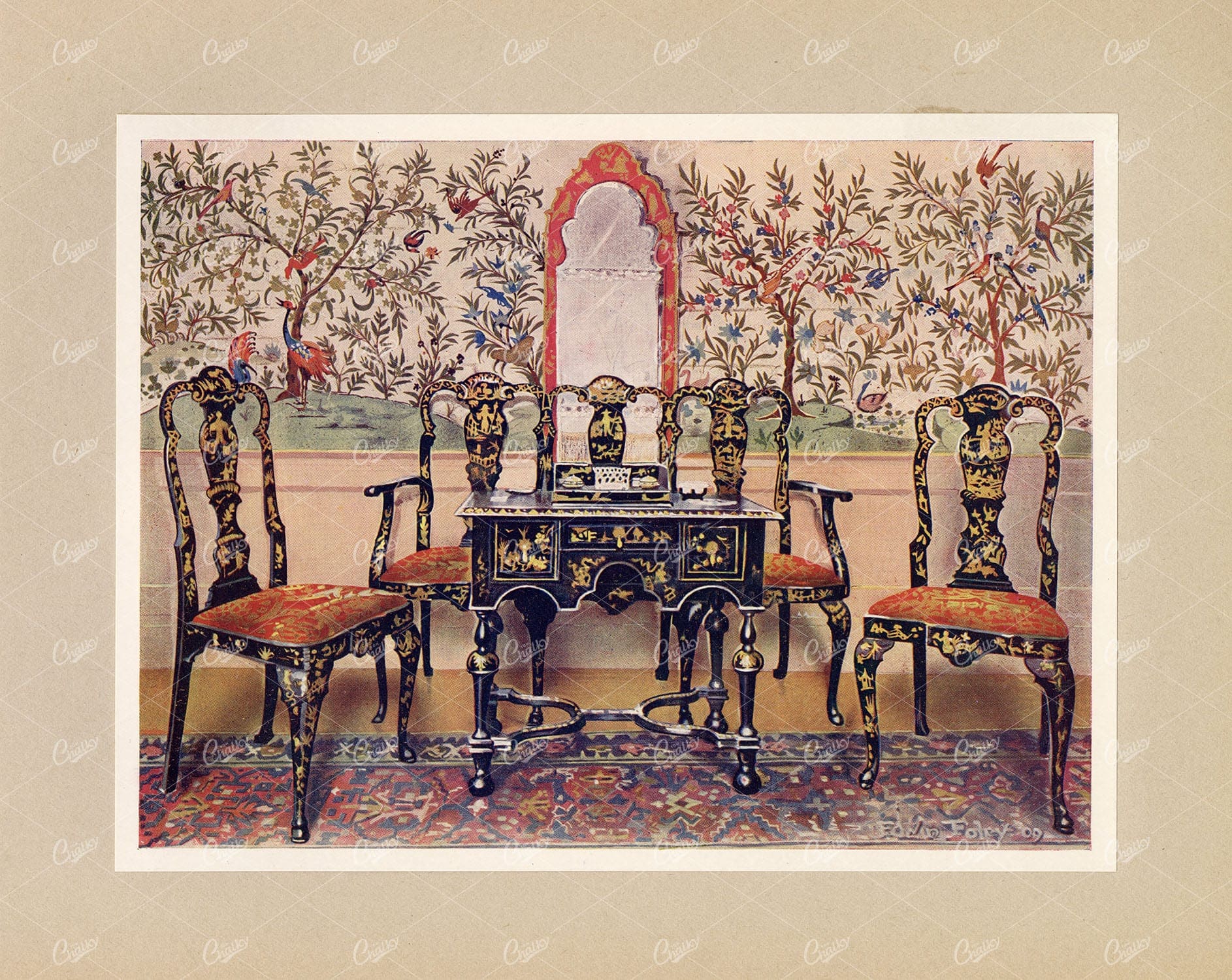 ANTIQUE Decorative Furniture - Black Settee, Chairs, and Red Mirror
