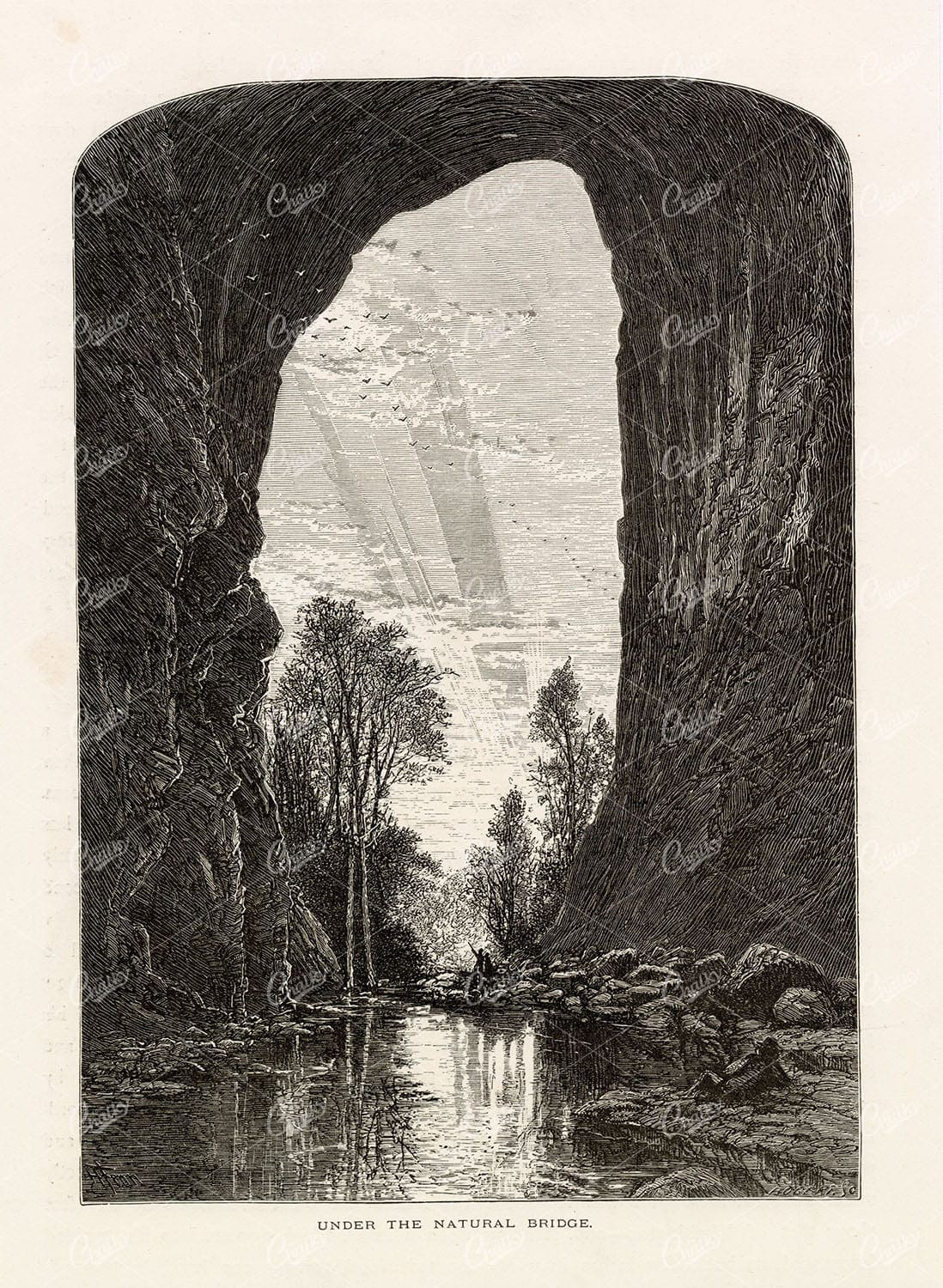 VIRGINIA - Under the Natural Bridge - Antique Engraving 1874