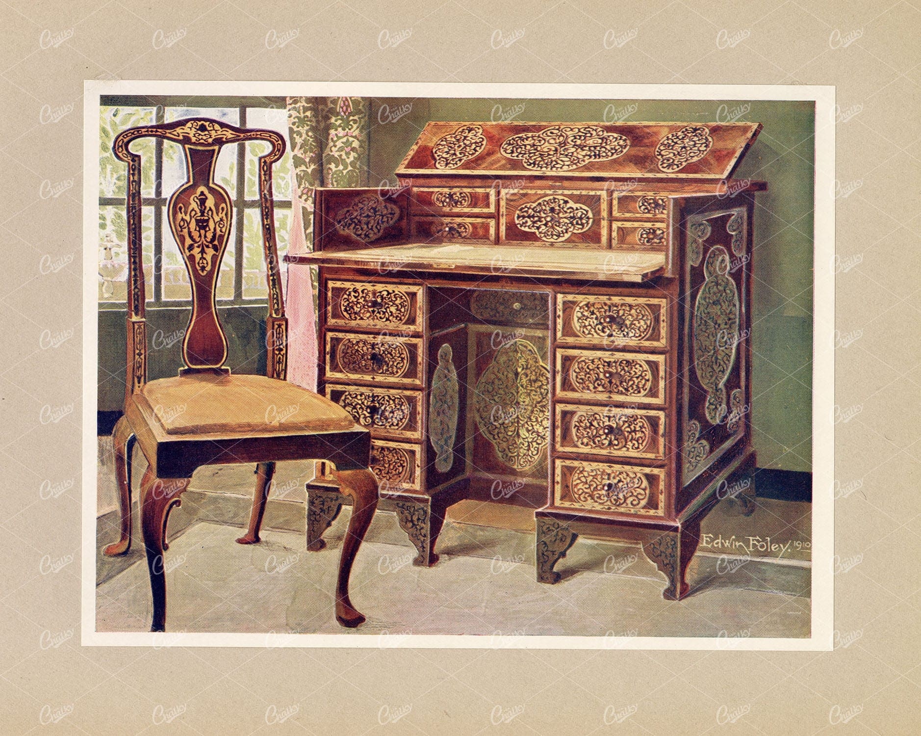 ANTIQUE Decorative Furniture - Walnut Inlaid Writing-Table - 1910 E.Foley