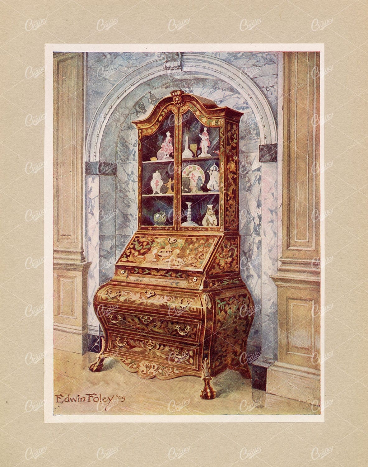 ANTIQUE Decorative Furniture - Inlaid Walnut Bombé Bureau-Cabinet - 1910