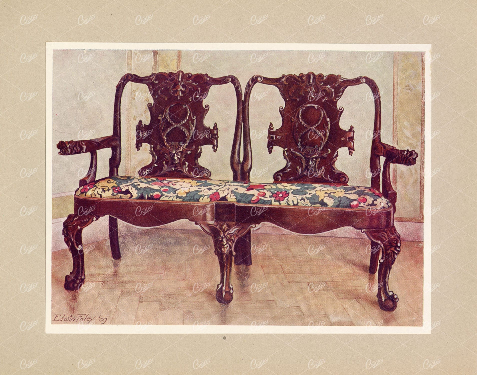 ANTIQUE Decorative Furniture - Carved Walnut Darby and Joan Settee - 1910