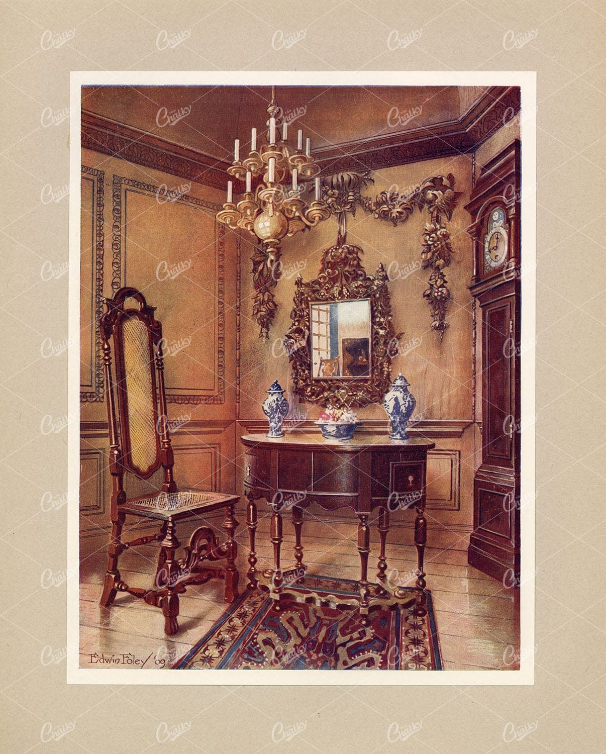 DECORATIVE Antique Interior Design - Walnut Table and Chair - E. Foley