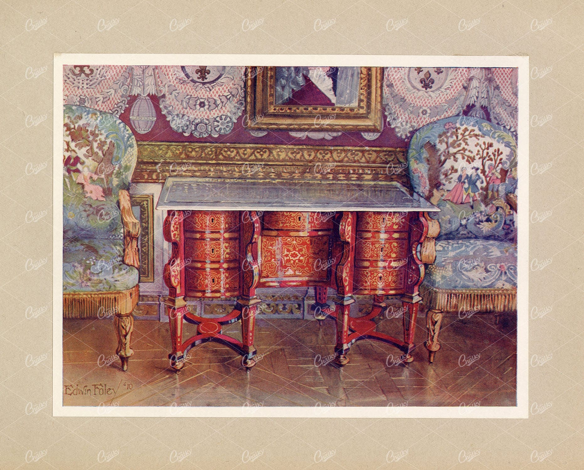 ANTIQUE Furniture - Kneehole Writing Table - Edwin Foley Lithograph
