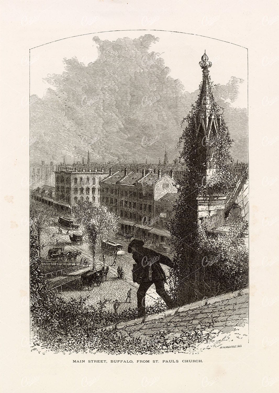 BUFFALO - Main Street from St. Paul's Church - Antique American Print