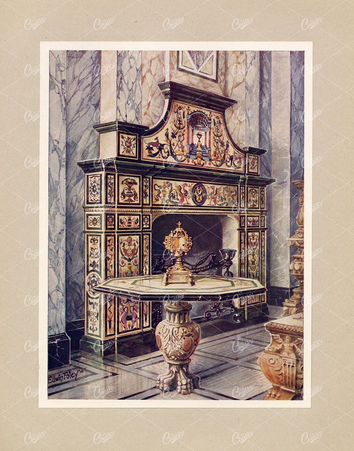 DECORATIVE Antique Interior Design - Coloured Mosaic Chimneypiece