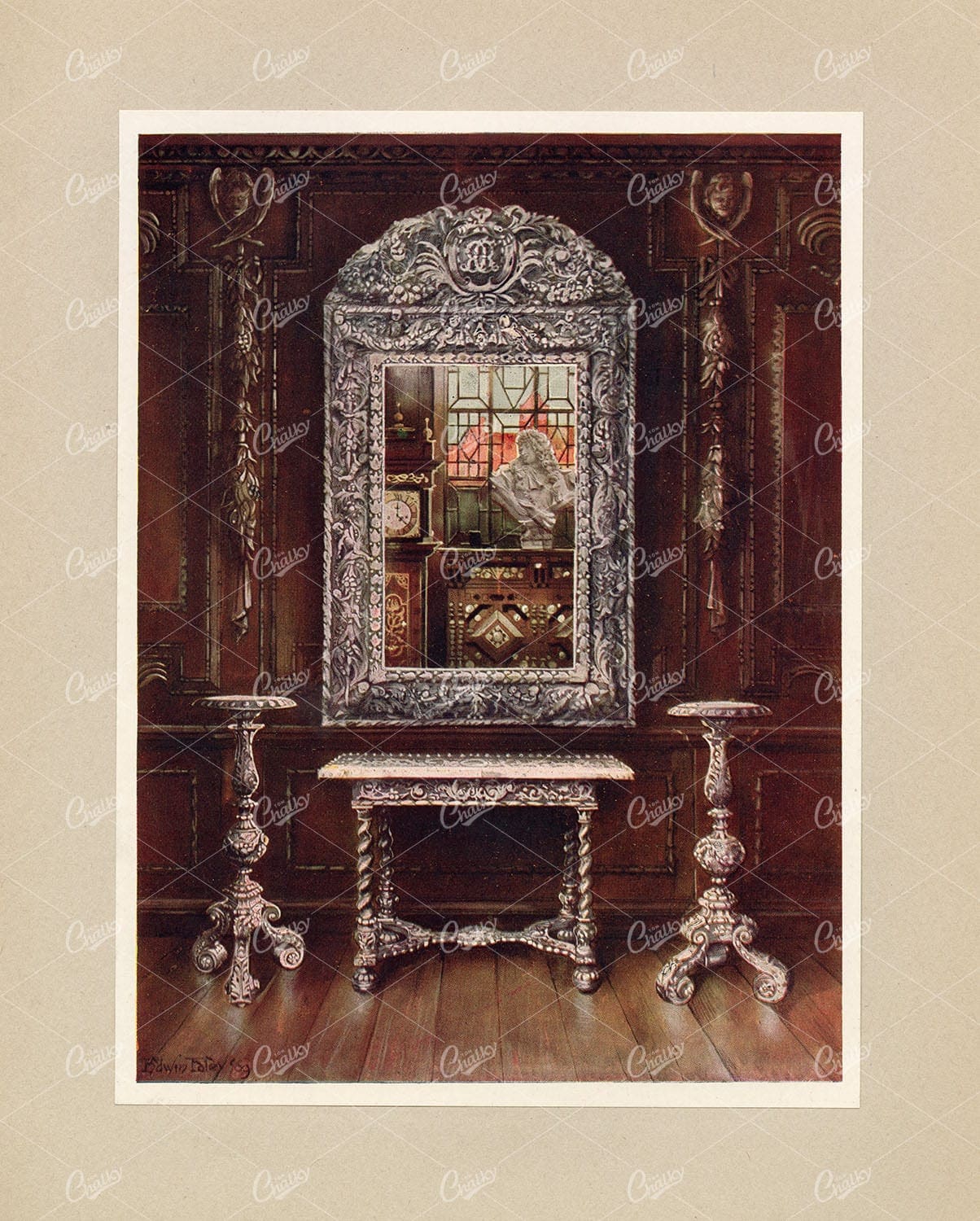 DECORATIVE Antique Interior - Silver Mirror, Gueridons, and Table - Litho