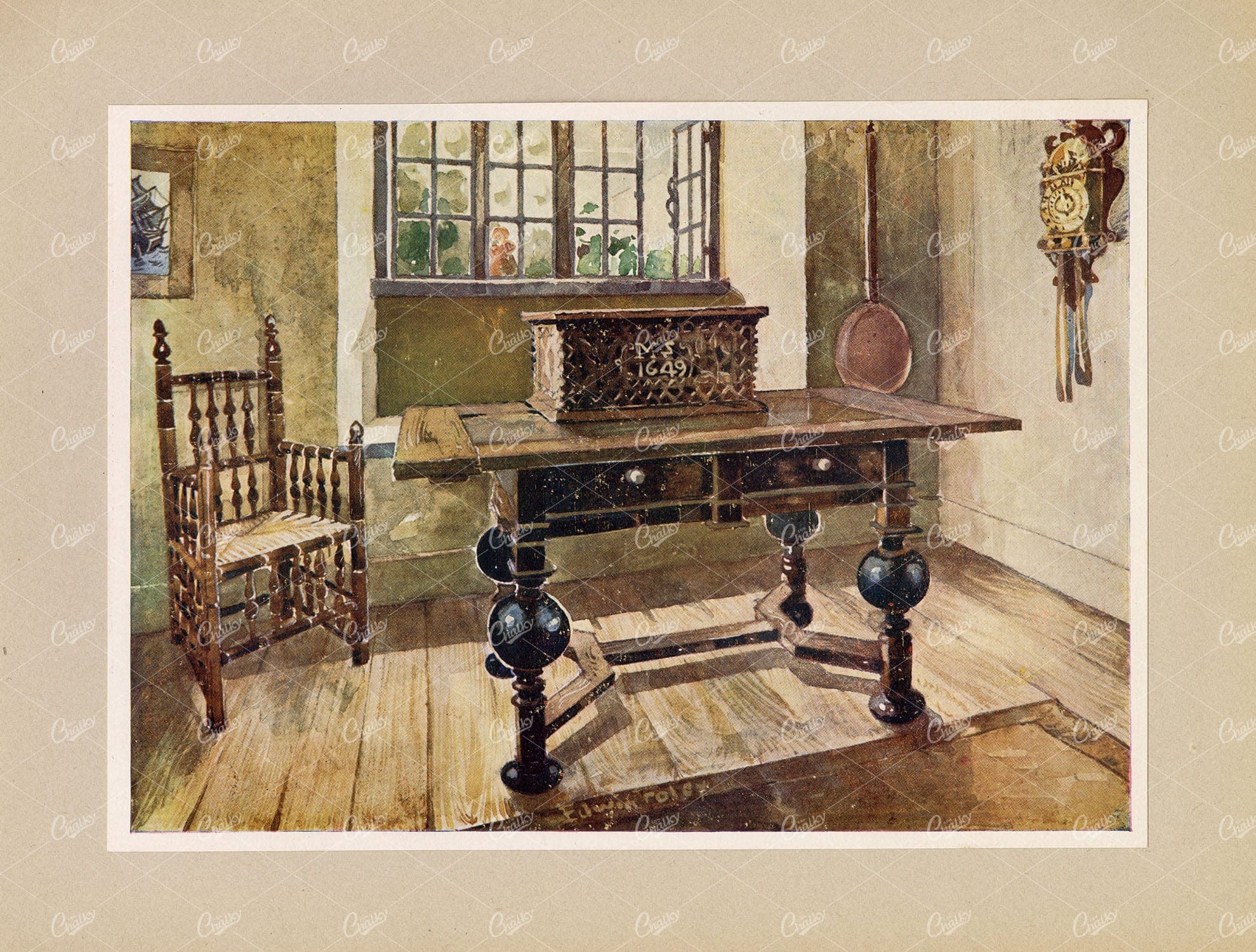 ANTIQUE Furniture - An Early Virginian Colonist's Parlour - 1910 Print