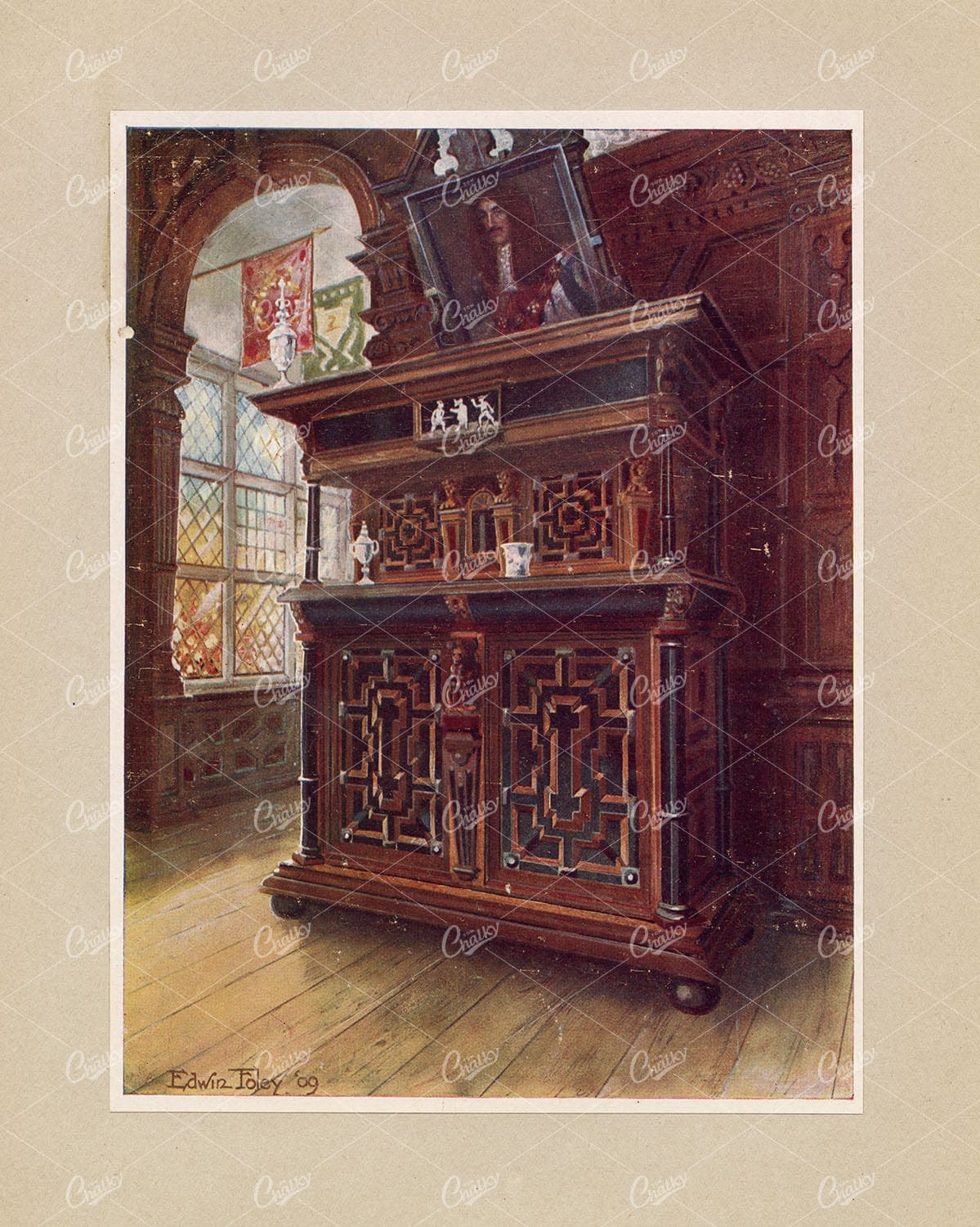 ANTIQUE Furniture Design - Decorative Oak Cabinet - 1910 Lithograph