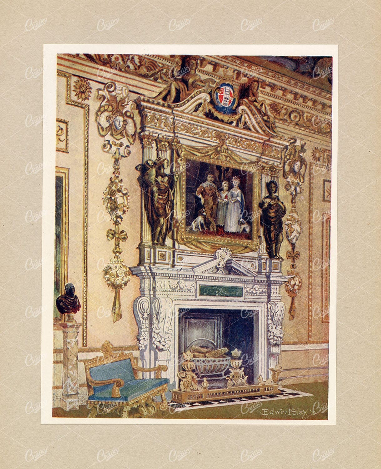 ANTIQUE Interior Design - Chimneypiece in the Wilton House - 1910 Litho