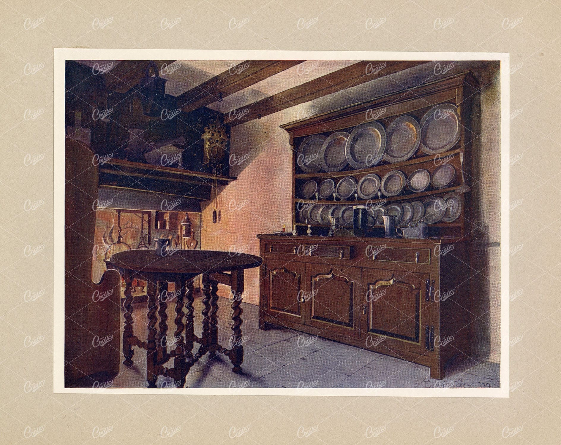 ANTIQUE Furniture Print - Oak Welsh Dresser - Edwin Foley 1910 Litho