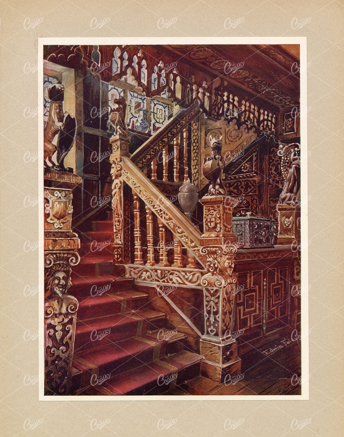 ANTIQUE Interior Design - Carved Oaken Stairway - Lithograph 1910 Print