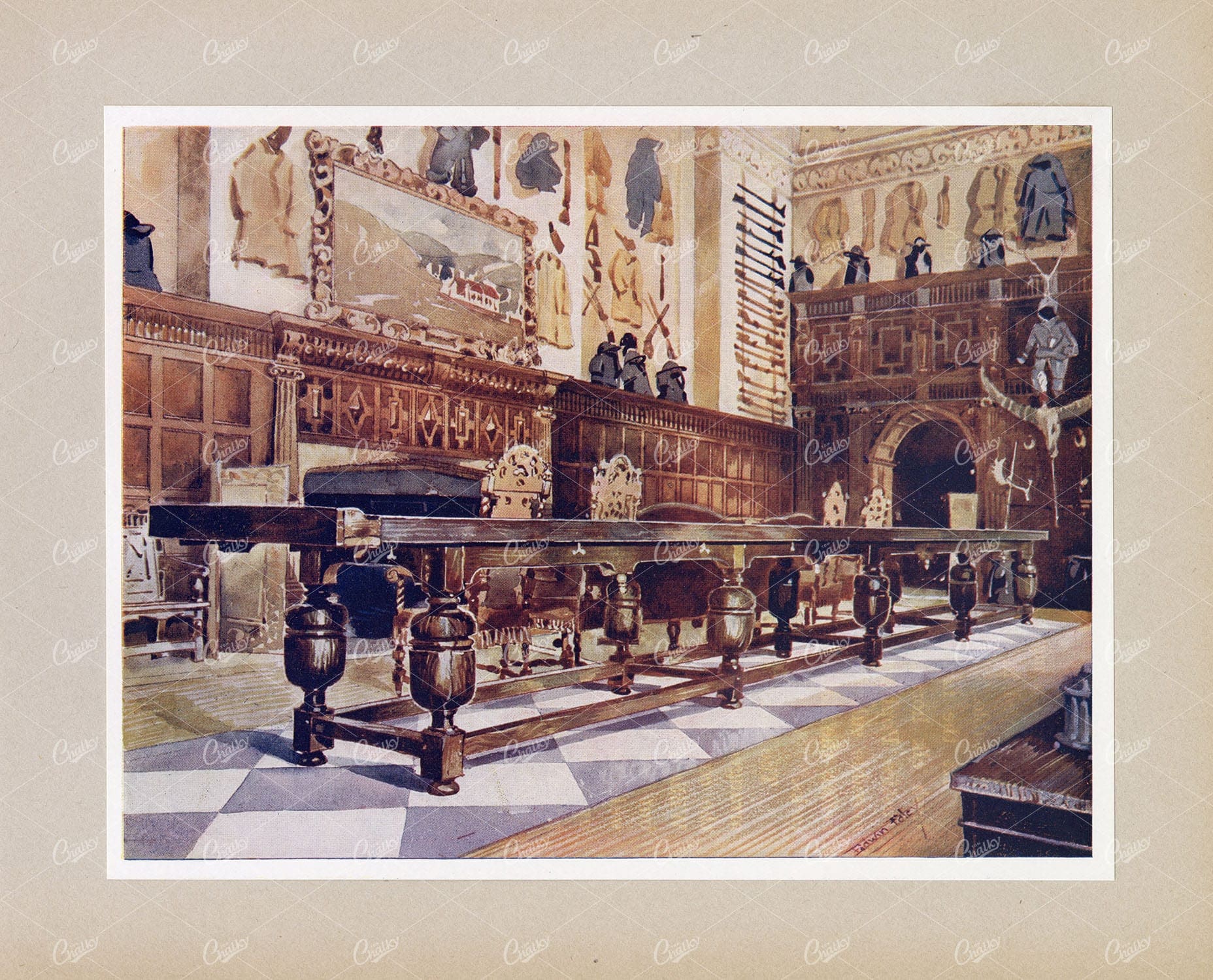 ANTIQUE Furniture - Shovelboard Table in the Hall of Littlecote - Print
